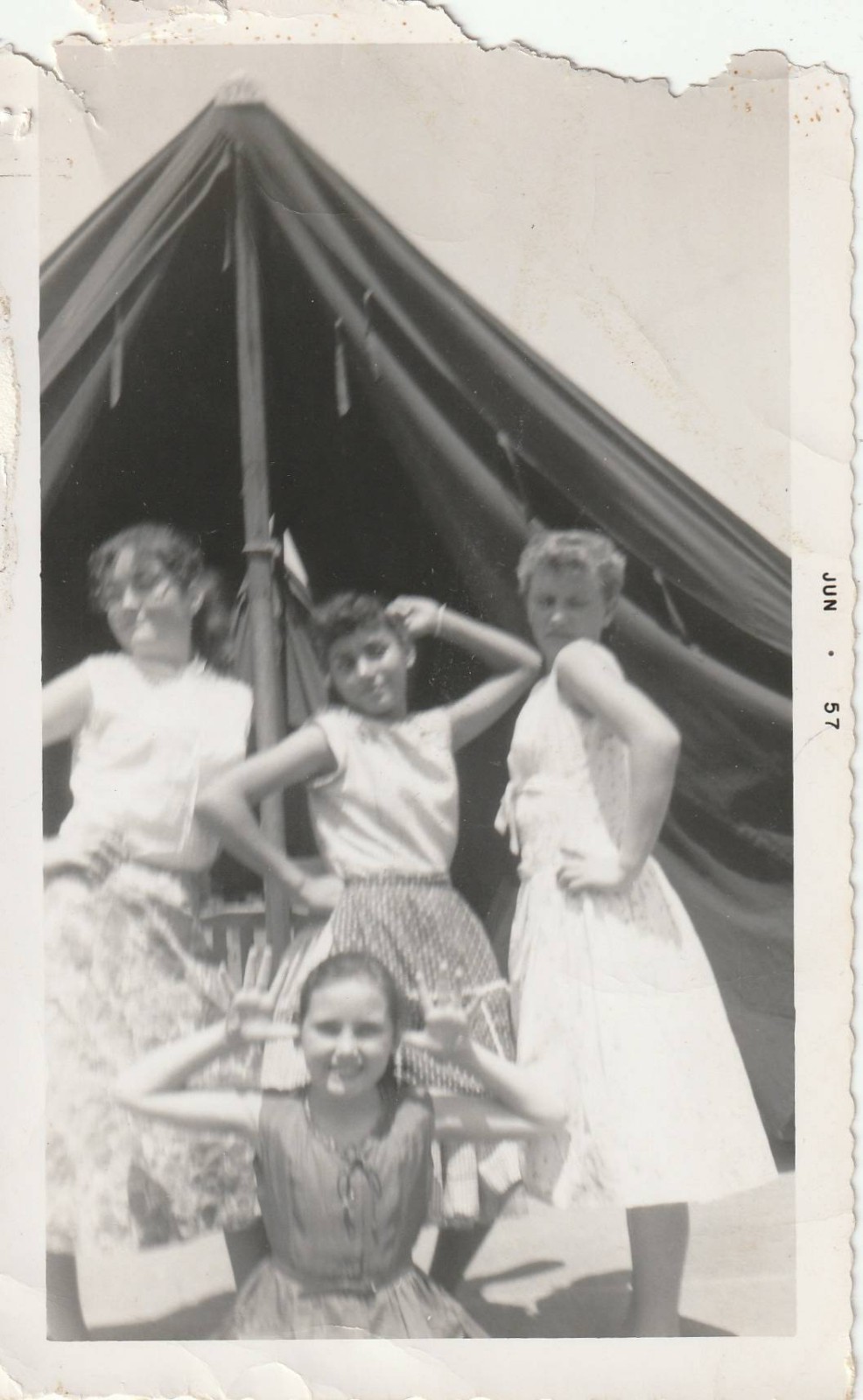 Vintage 1957 B&W Photo 4 Teen Girls Pose in Front of Tent Starlets
