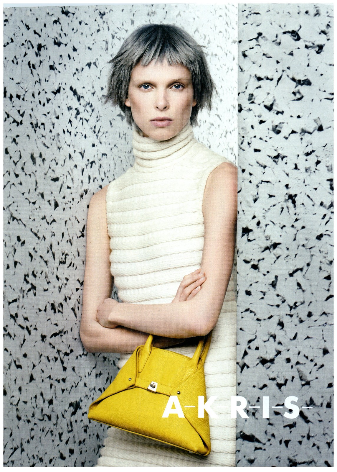 2015 Akris Print Ad, Yellow Handbag Cable Knit Dress Arms Sleeveless Gorgeous