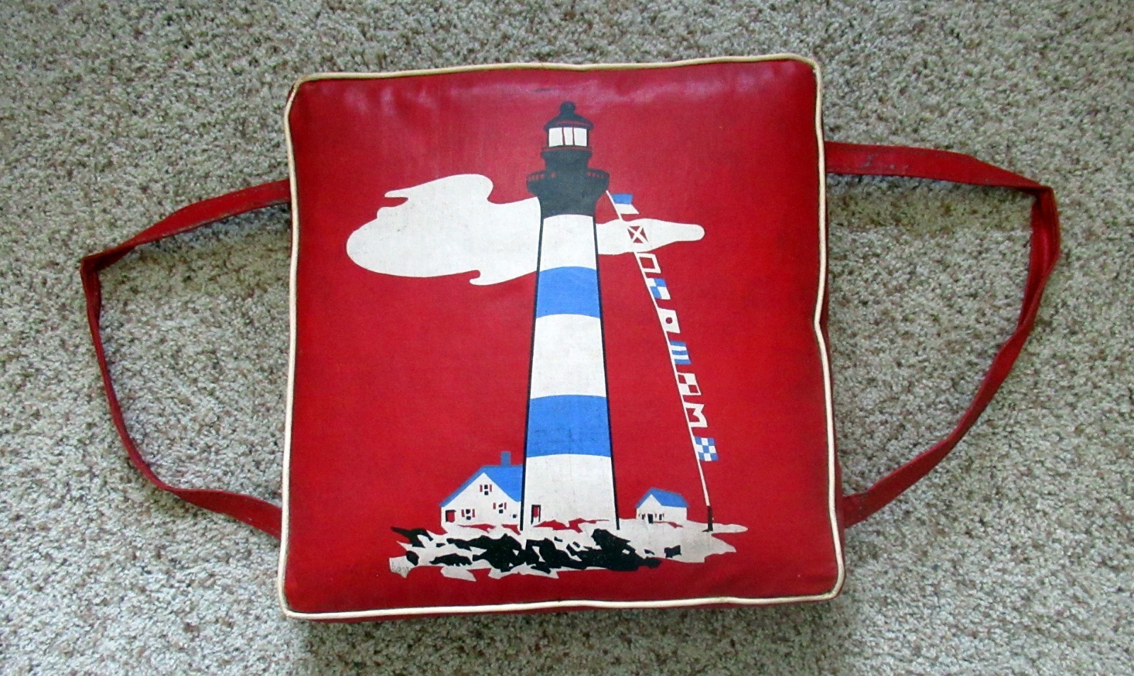 Vintage 1960s Elgin Red Vinyl Boat Seat Cushion Lighthouse Nautical Flags