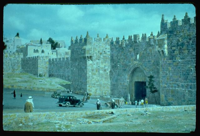 Photo:Jerusalem Israel 1950s Damascus Gate city wall cars