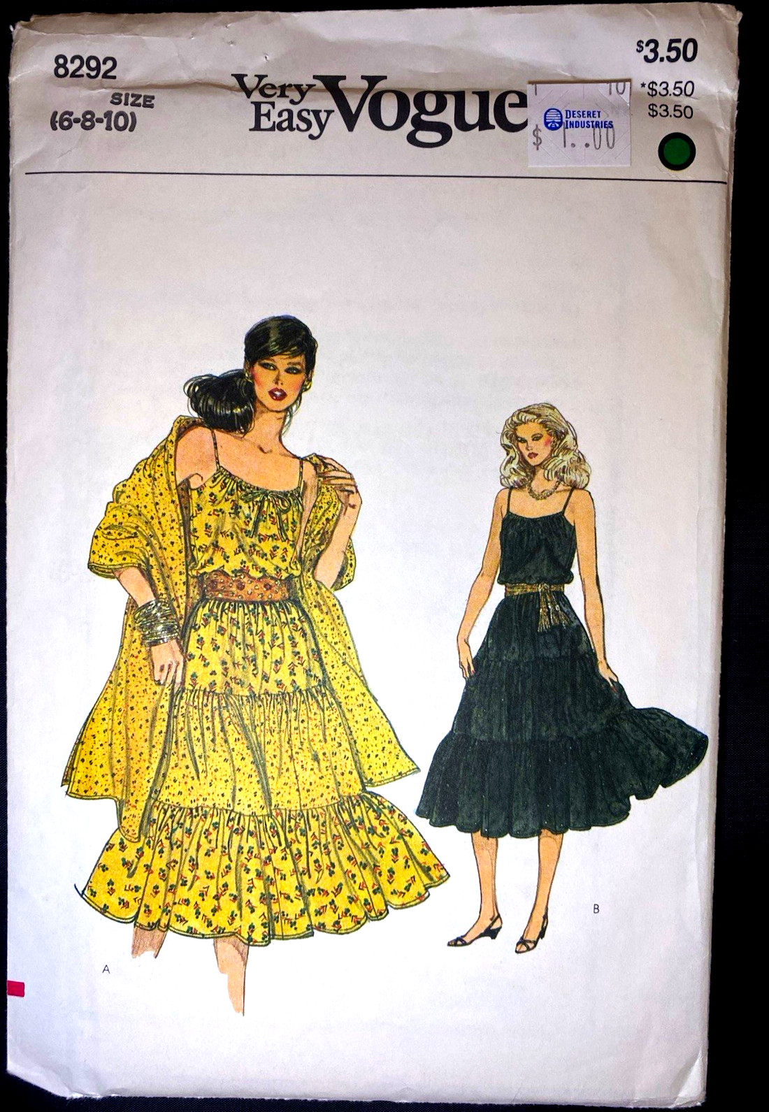 UCFF~Vtg 1982 Vogue Very Easy Vogue 8292 Boho Cottagecore Dress & Shawl~Sz 6-10