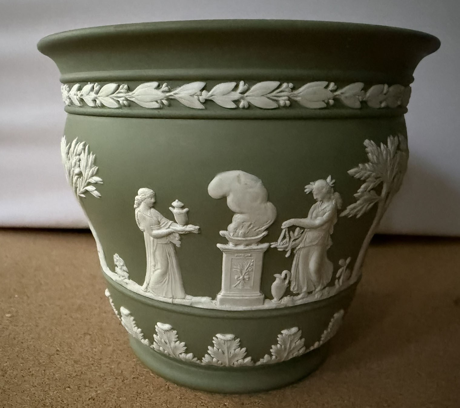 VINTAGE WEDGWOOD SAGE GREEN JASPERWARE FOOTED VASE – WINGED CHERUB IMAGERY