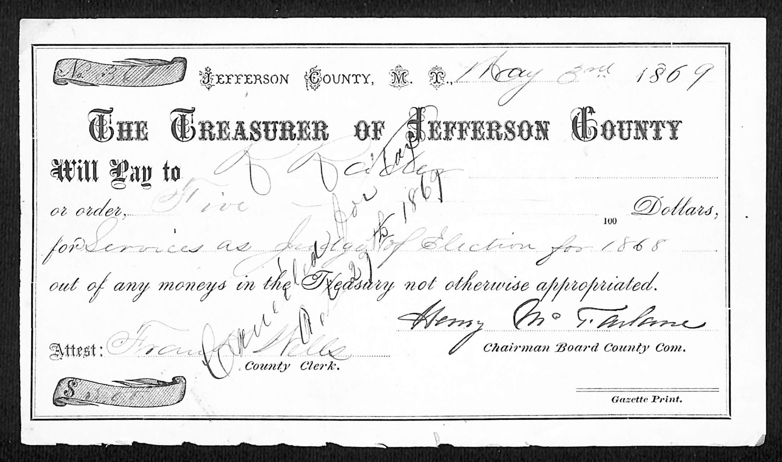 1869 Jefferson County, Montana Territory Treasury Warrant \