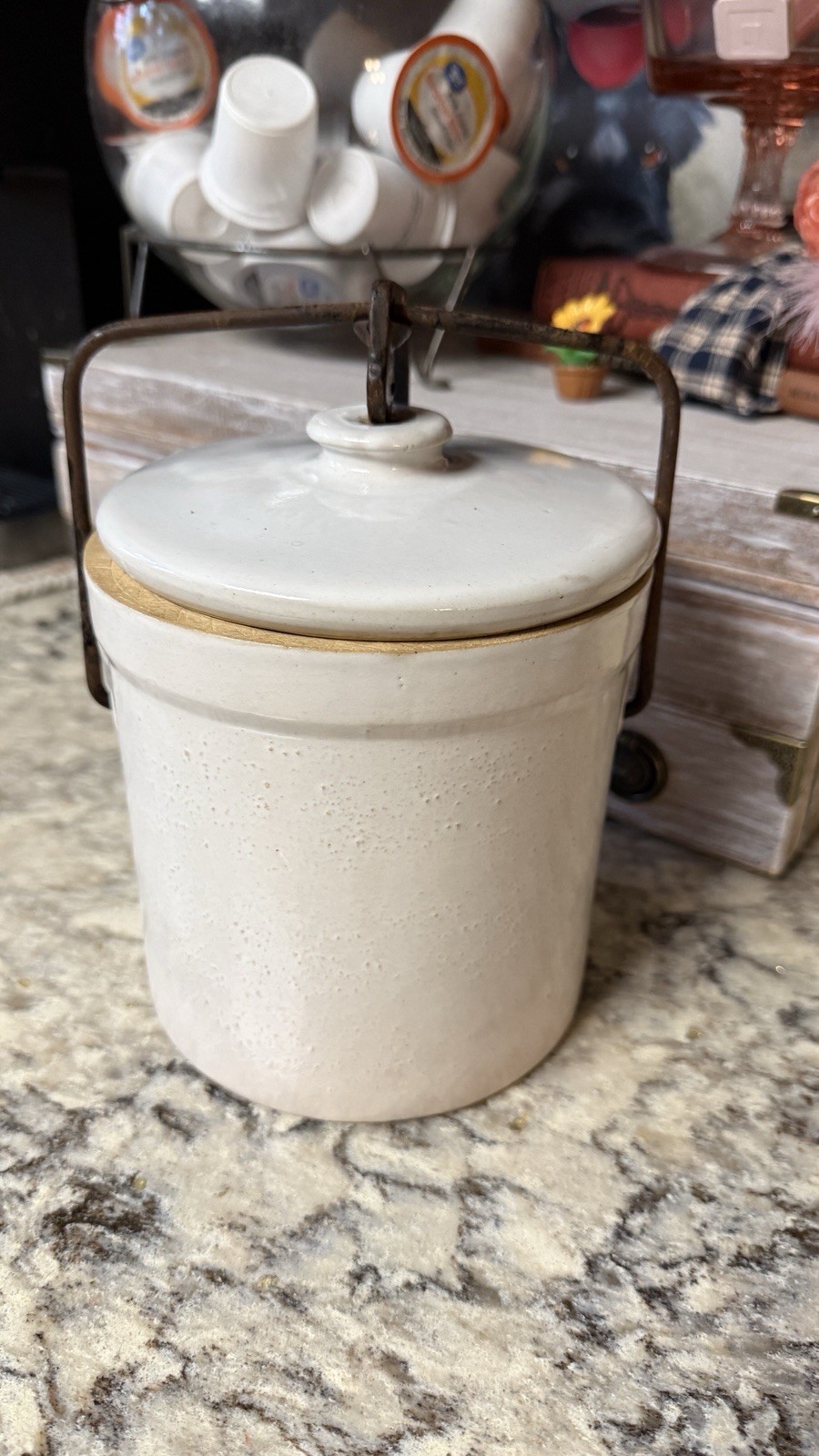 Antique c1900 Stoneware Fruit Preserve Canning Jar Lid Wire Bail Marked 747