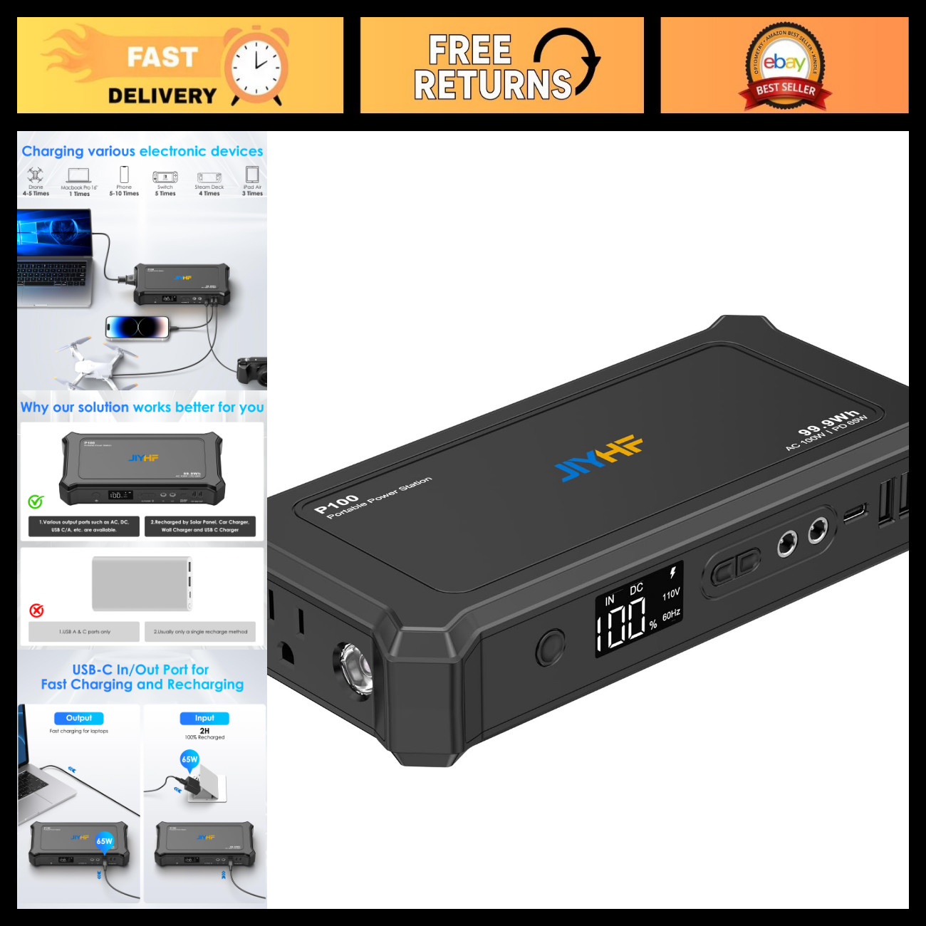 JIYHF Portable Power Bank with AC Outlet, 99.9Wh Fast Charging Battery Pack