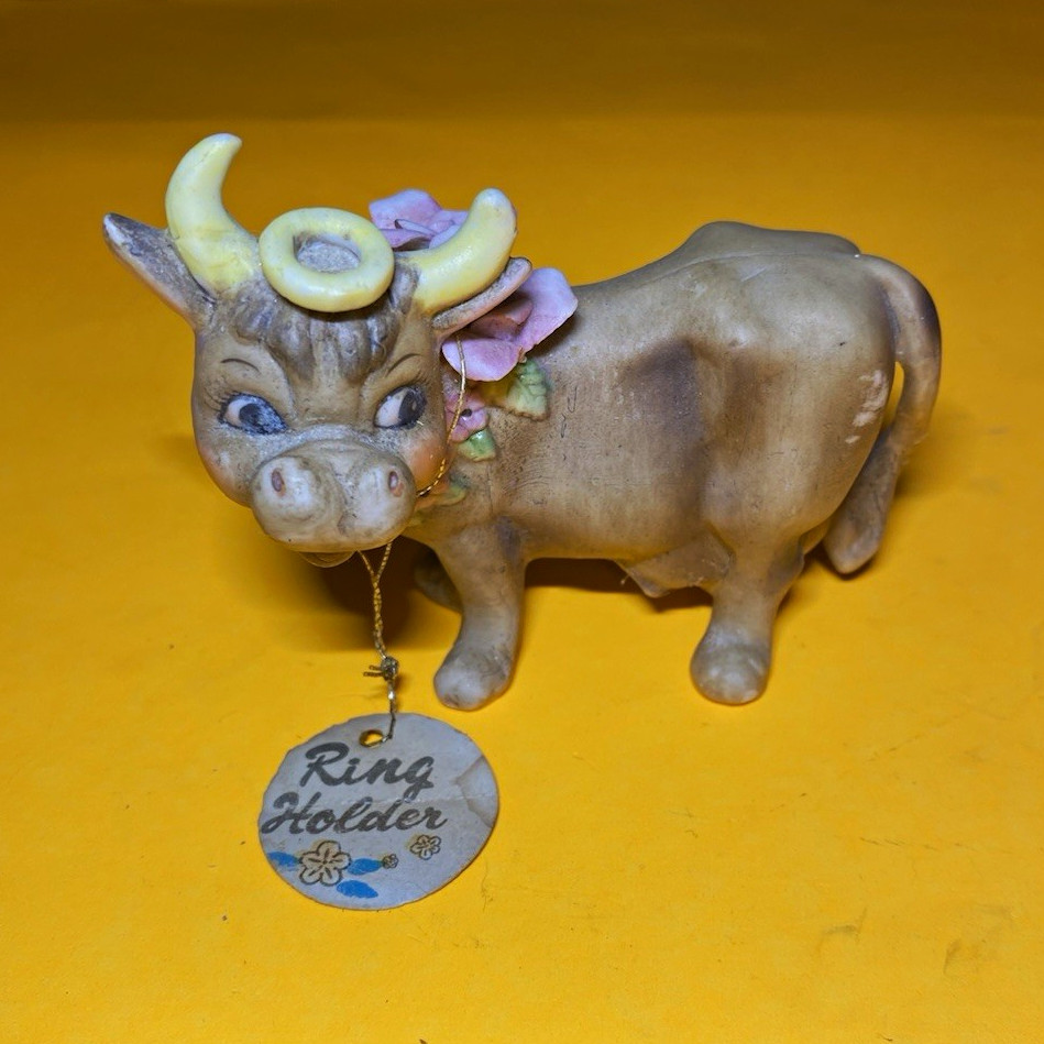 Vintage Highland Ceramic Cow with Flowers | Ring Holder Figurine | Cute Face