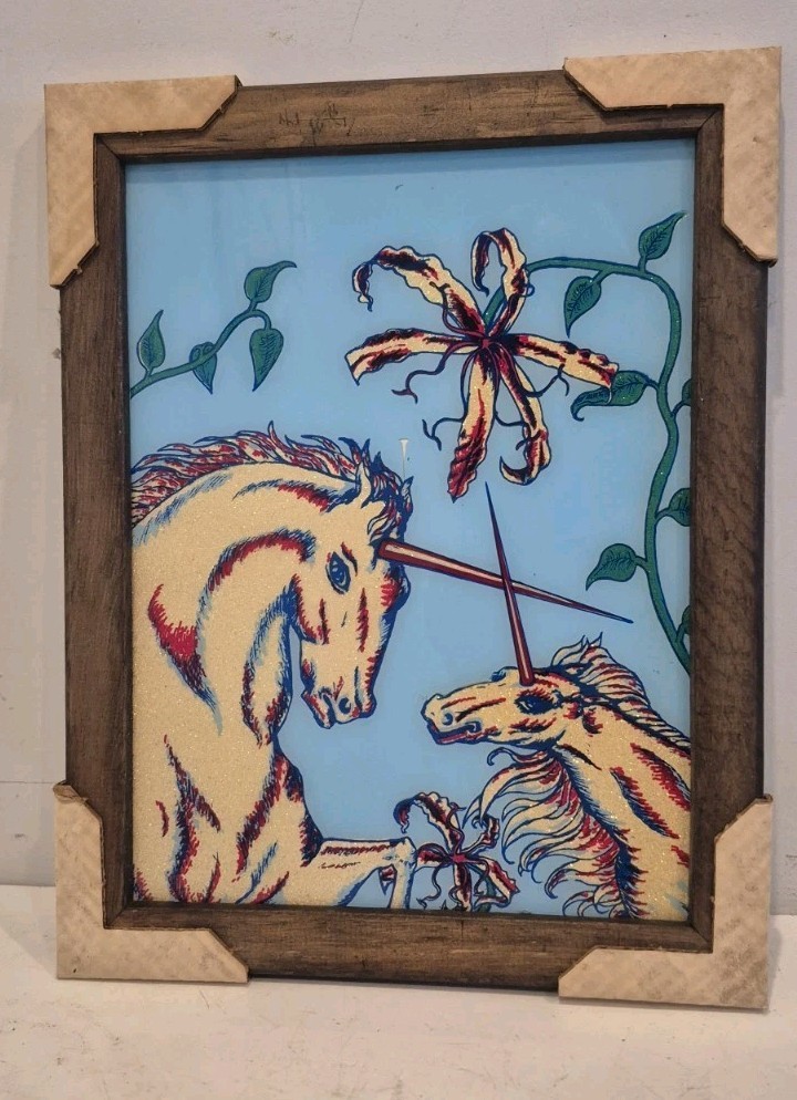 Vintage 1970s 80s Glitter Unicorn Wall Art Framed Mythical Horses Wood Frame