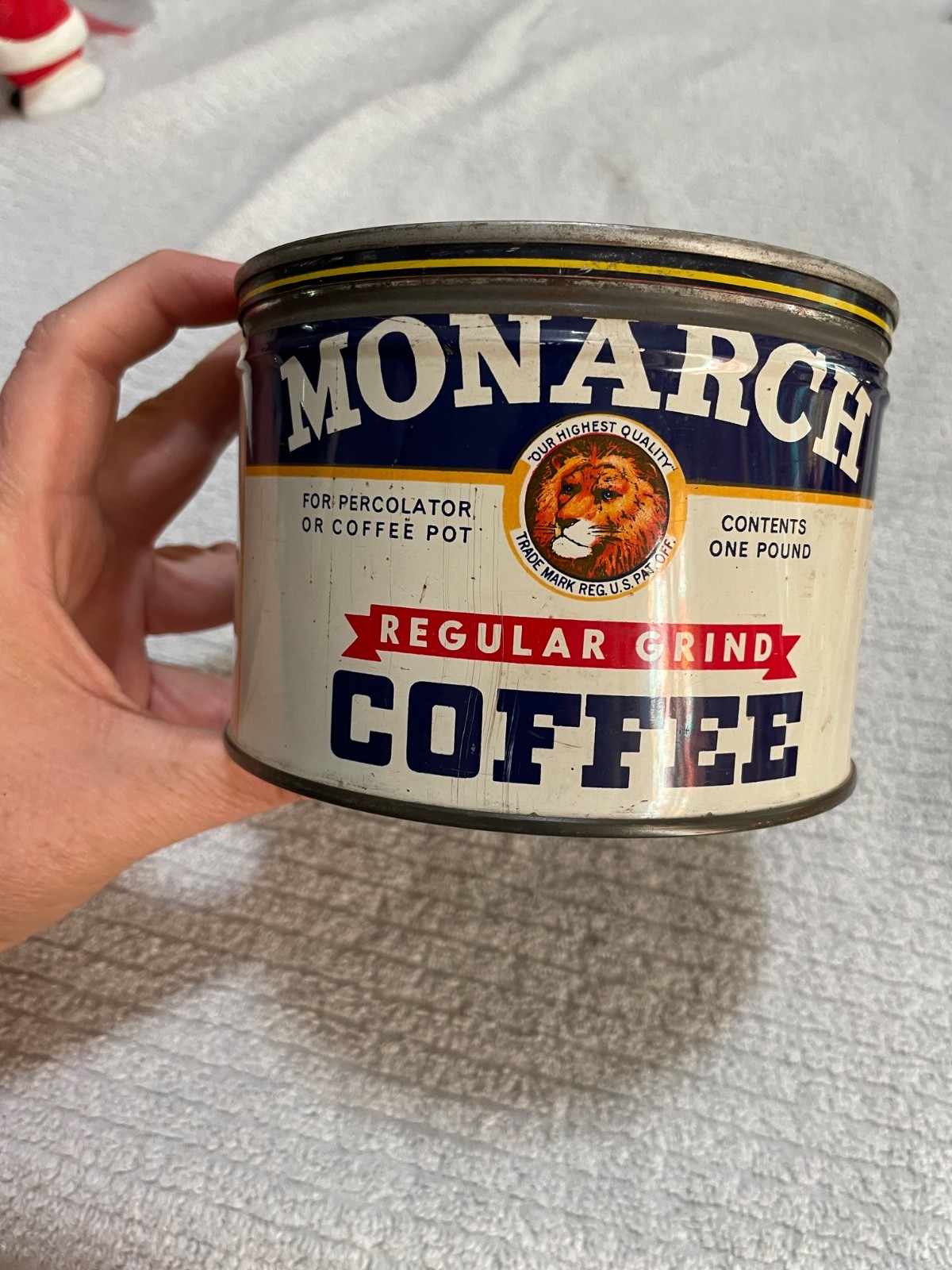 VTG Monarch Coffee Can Blue and White Lion (Read) As Seen Chicago, IL