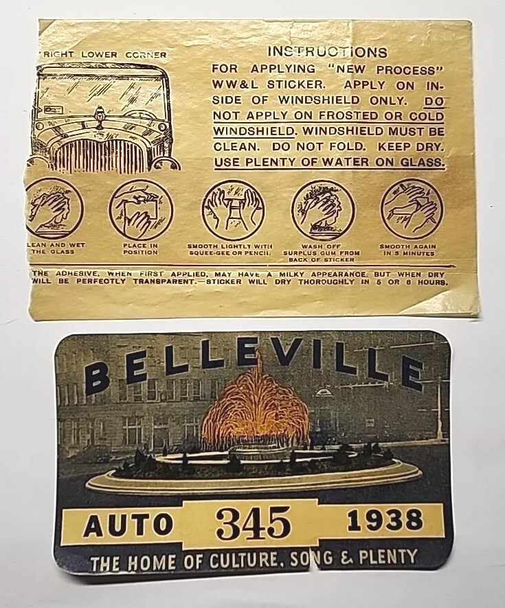 1938 City of Belleville Illinois Vehicle License Window Sticker Decal PB137