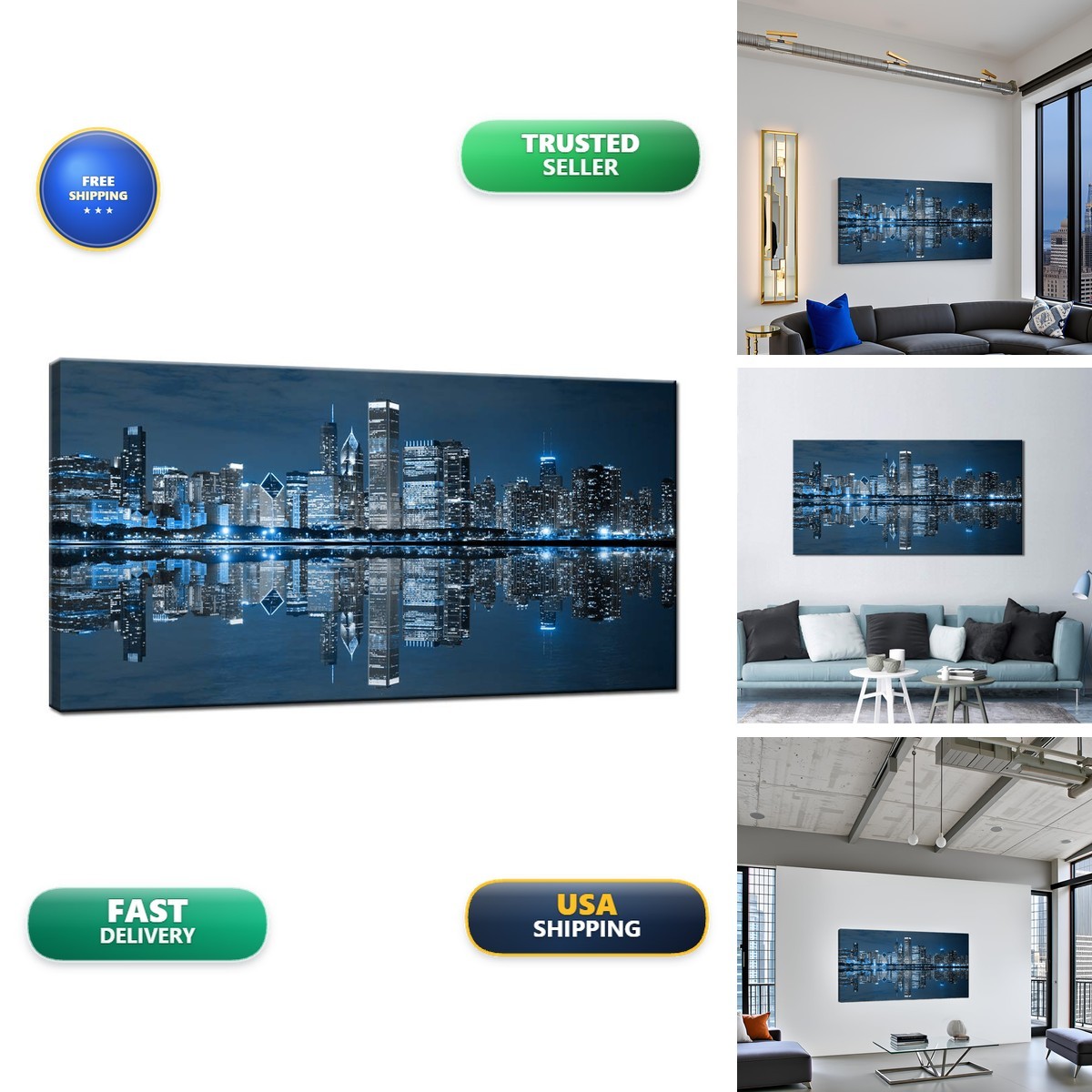 LevvArts L724 Chicago Downtown at Night Canvas Wall Art