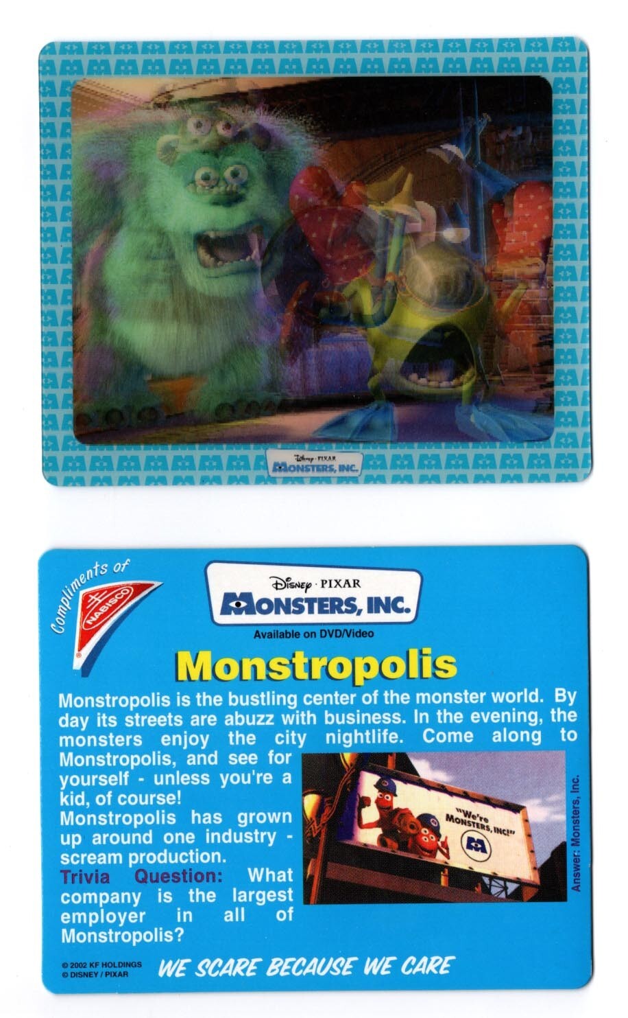 Disney's Monsters Inc. Lenticular Walmart Exclusive Promo Card Nabisco 2002