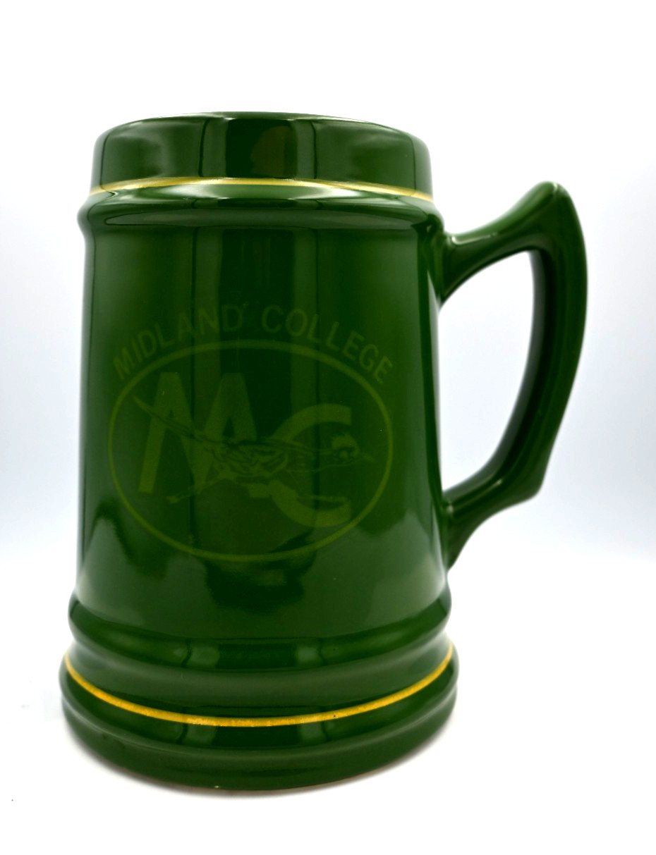 VTG Midland College Green Ceramic Beer Stein Tankard Mug Yellow Trim Made in USA
