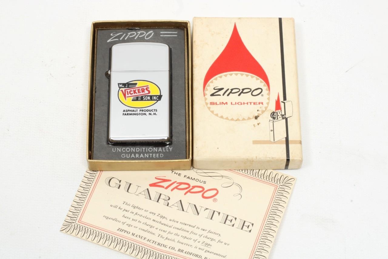 Vintage 1968 Zippo Slim Lighter Advertising Vickers Asphalt Unused MINT in BOX