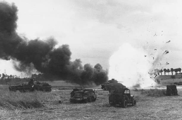 WWII 1944 An American ammunition lorry explodes after being hit by- Old Photo