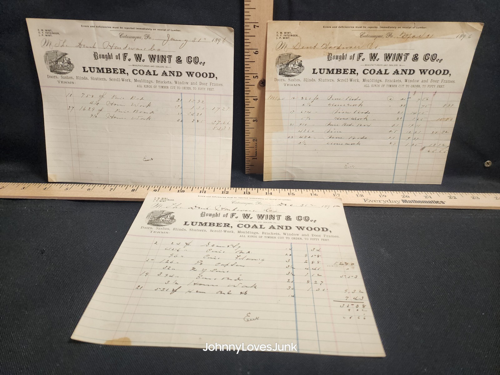 3 Antique 1890s Letter/Bill Head F.W. Wint & Co. Catasauqua PA 