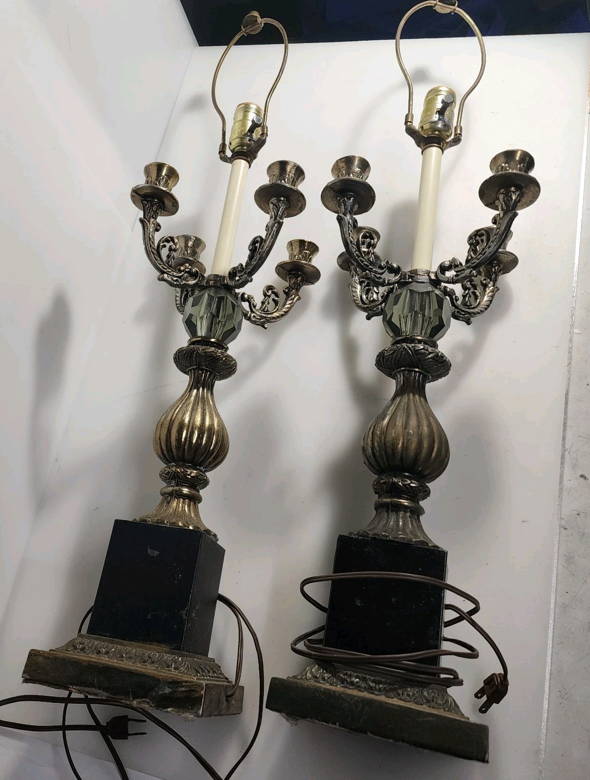 Vintage Pair Candelabra Lamps Electrified Bronze Black 4 Arm 31.5