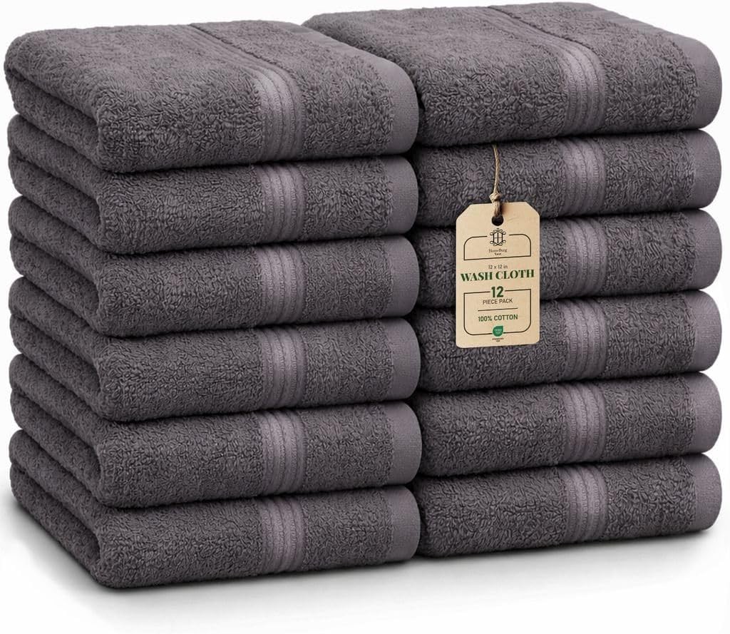 Luxe 12-piece Washcloth Set - 100% Cotton, Soft & Absorbent, Easy Care, Premium