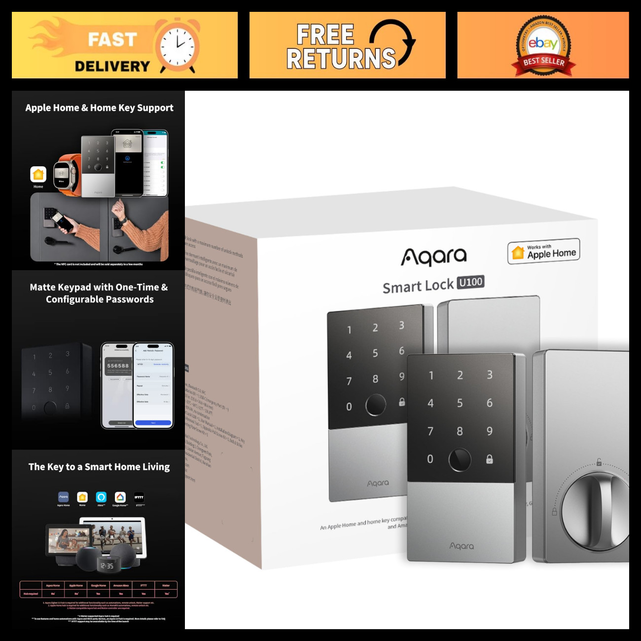 Aqara Smart Lock U100, Apple Home Key, Fingerprint Deadbolt, Silver