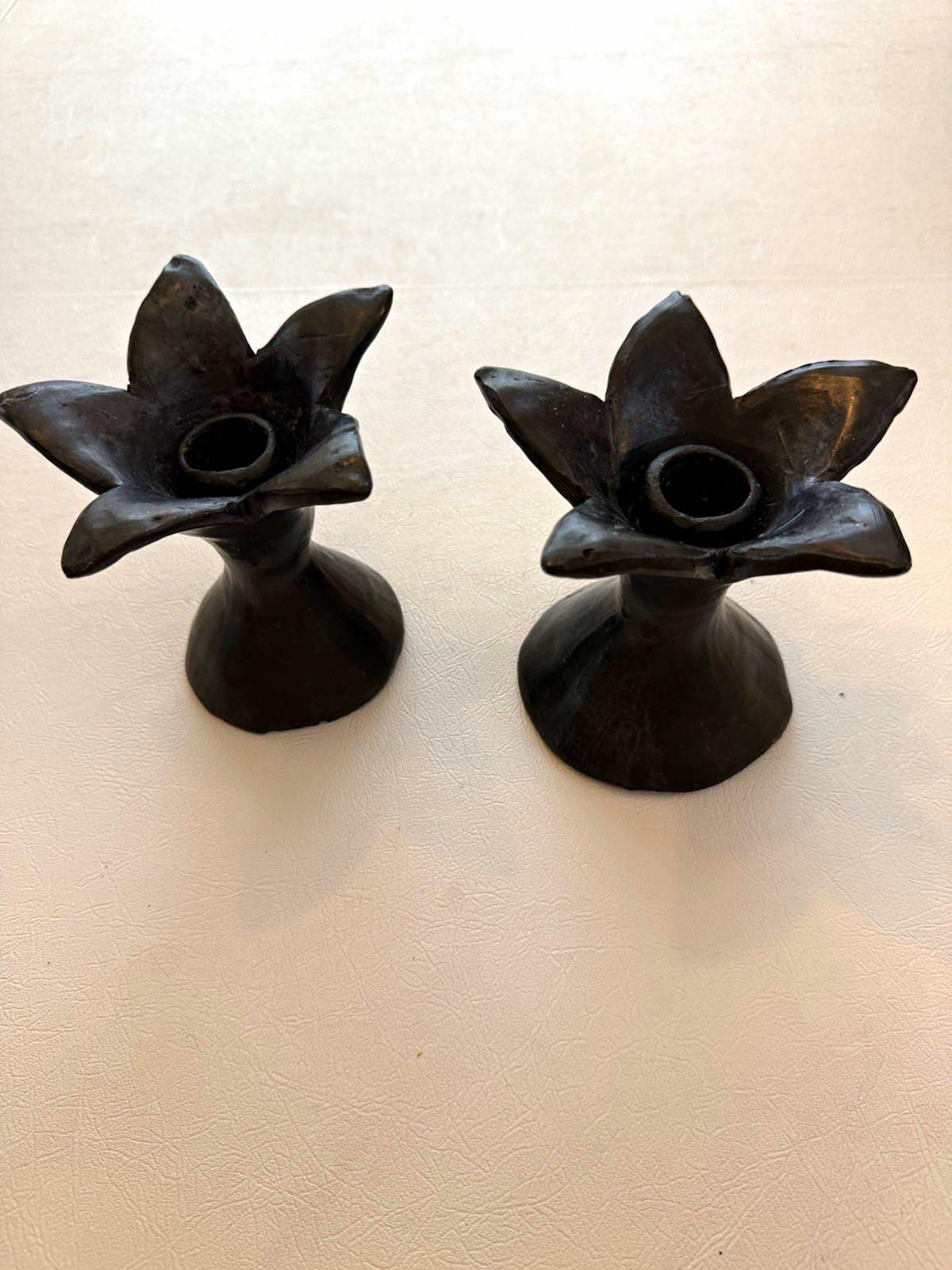  Vintage Barro Negro Black Clay Candle Holder 2-Oaxaca Mexican Folk  Flower 5.25