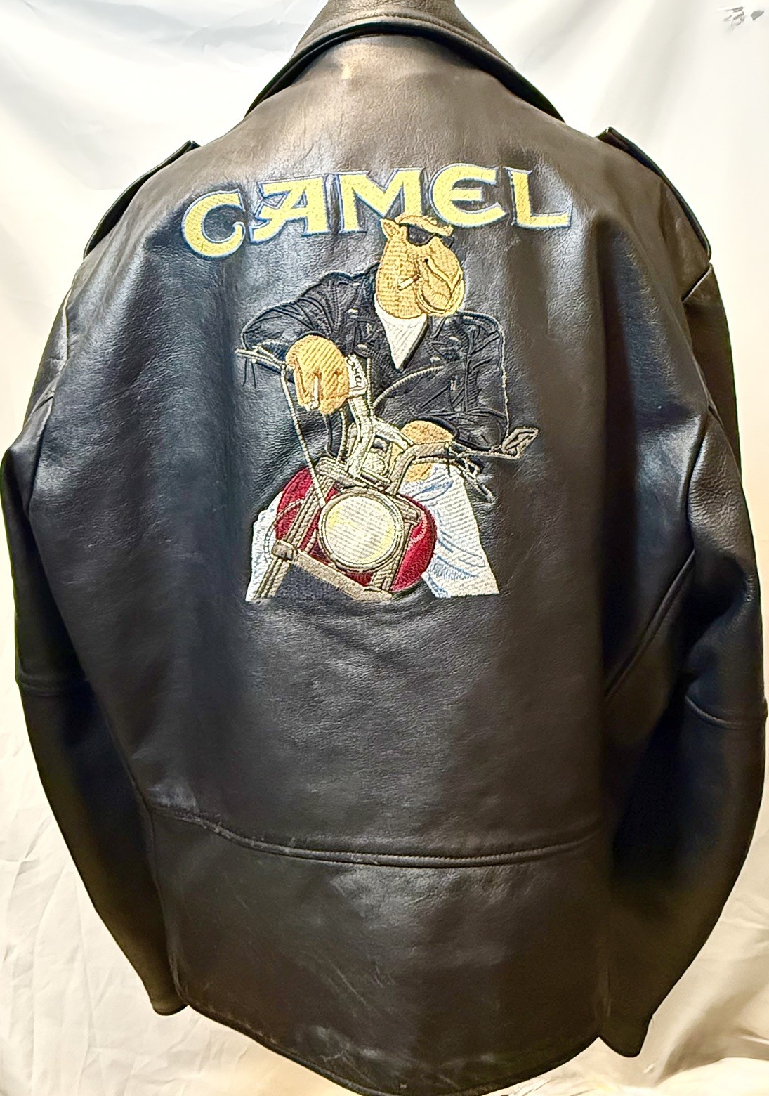 RARE 90's Joe Camel Tobacco Embroidered Black Leather Motorcycle Jacket USA sz52