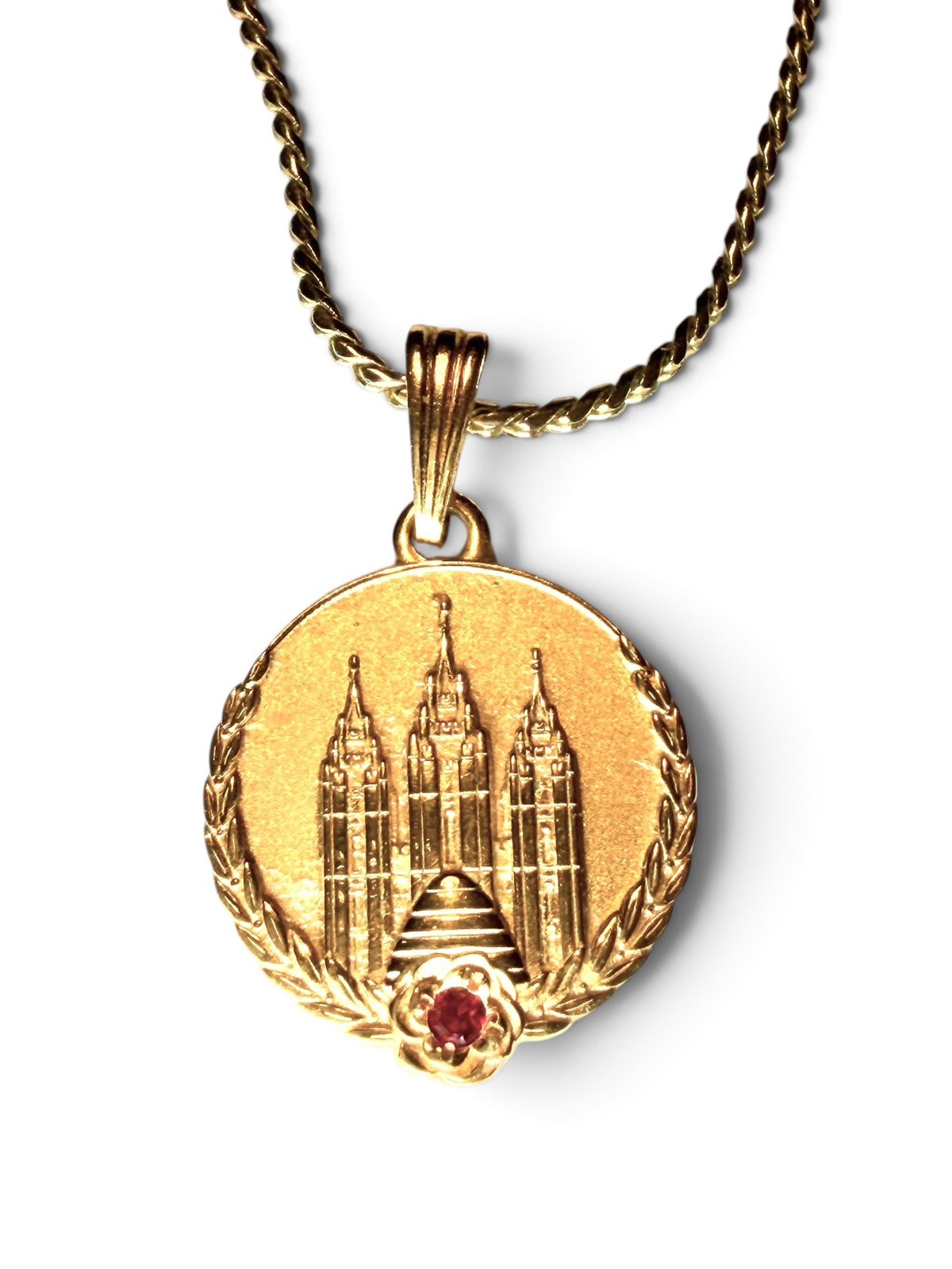LDS Young Women Personal Progress Temple Pendant Red Stone Chain Gold Tone EUC