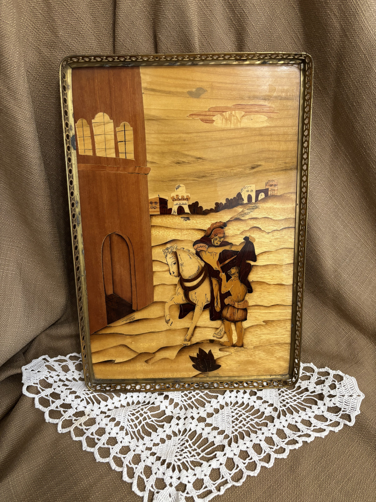 Vintage Italian Intarsia Wood Tray, 1971 Handmade and Signed by Trivigliese
