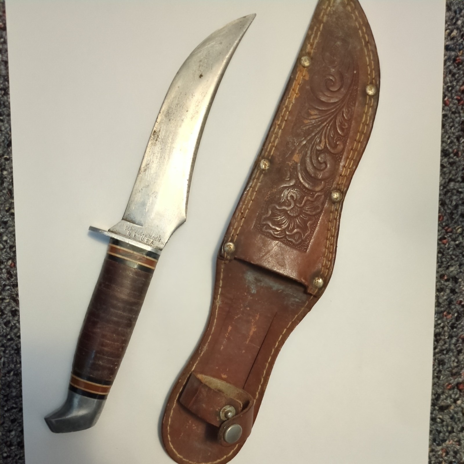 VINTAGE Schrade Walden NY USA 148 Fixed Blade Hunting Knife (1953-1973) w/sleeve