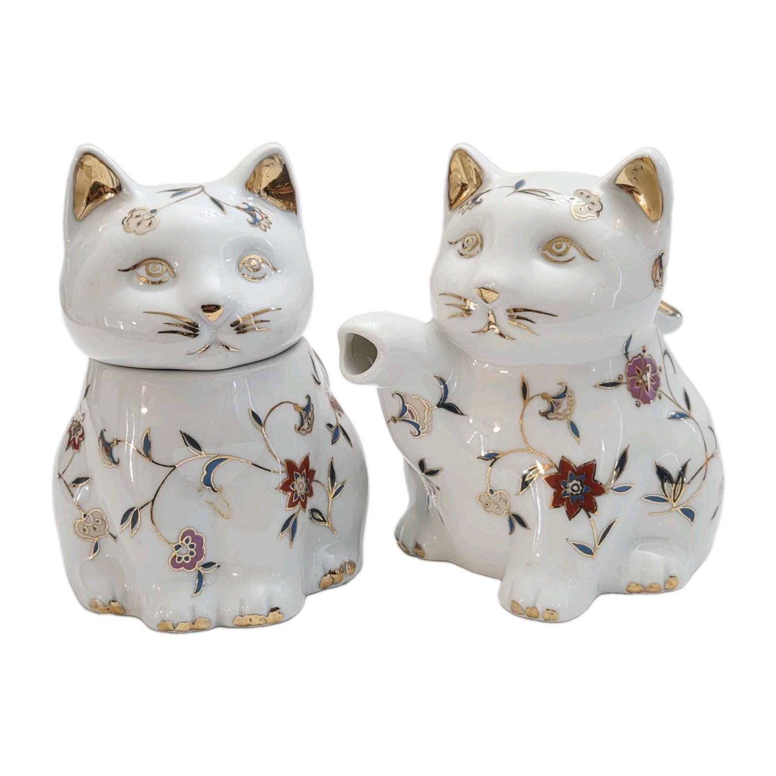 Vintage Ceramic Cat Sugar Bowl Teapot Floral Gold Trim Hand Painted Japan Style
