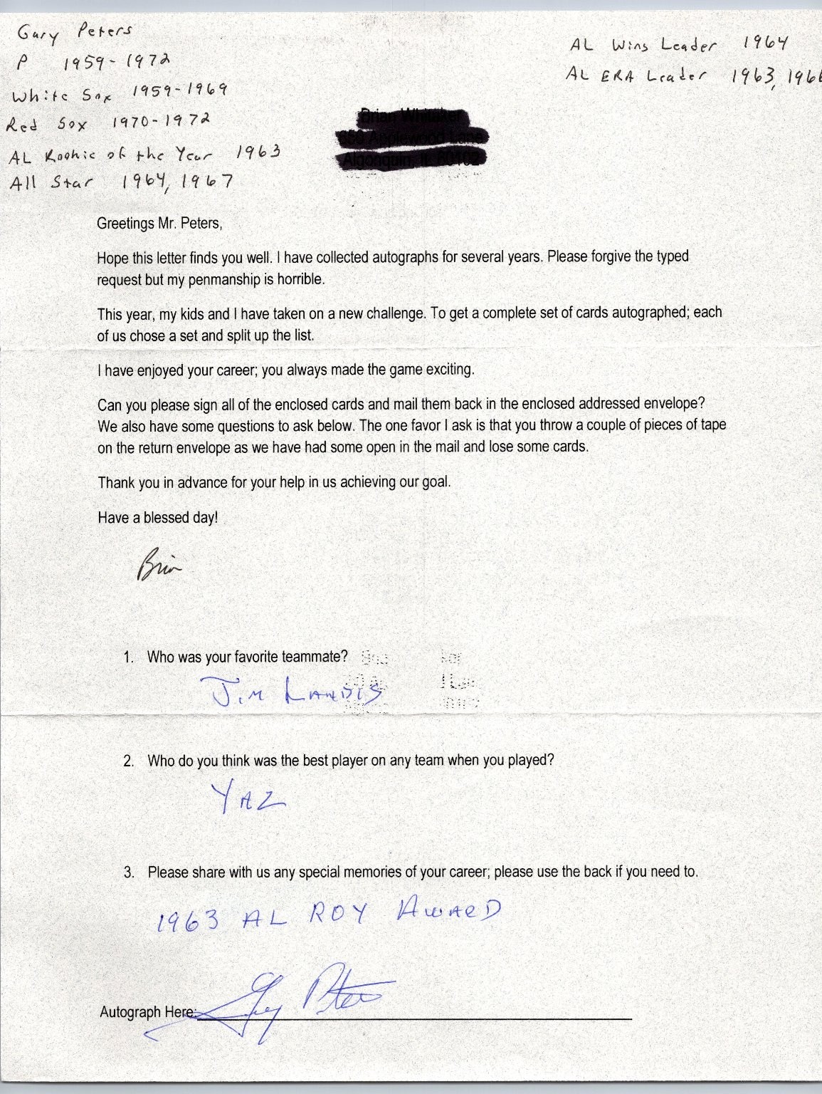 Gary Peters Autographed Letter Signed Baseball AL ROY White Sox Red Sox MLB