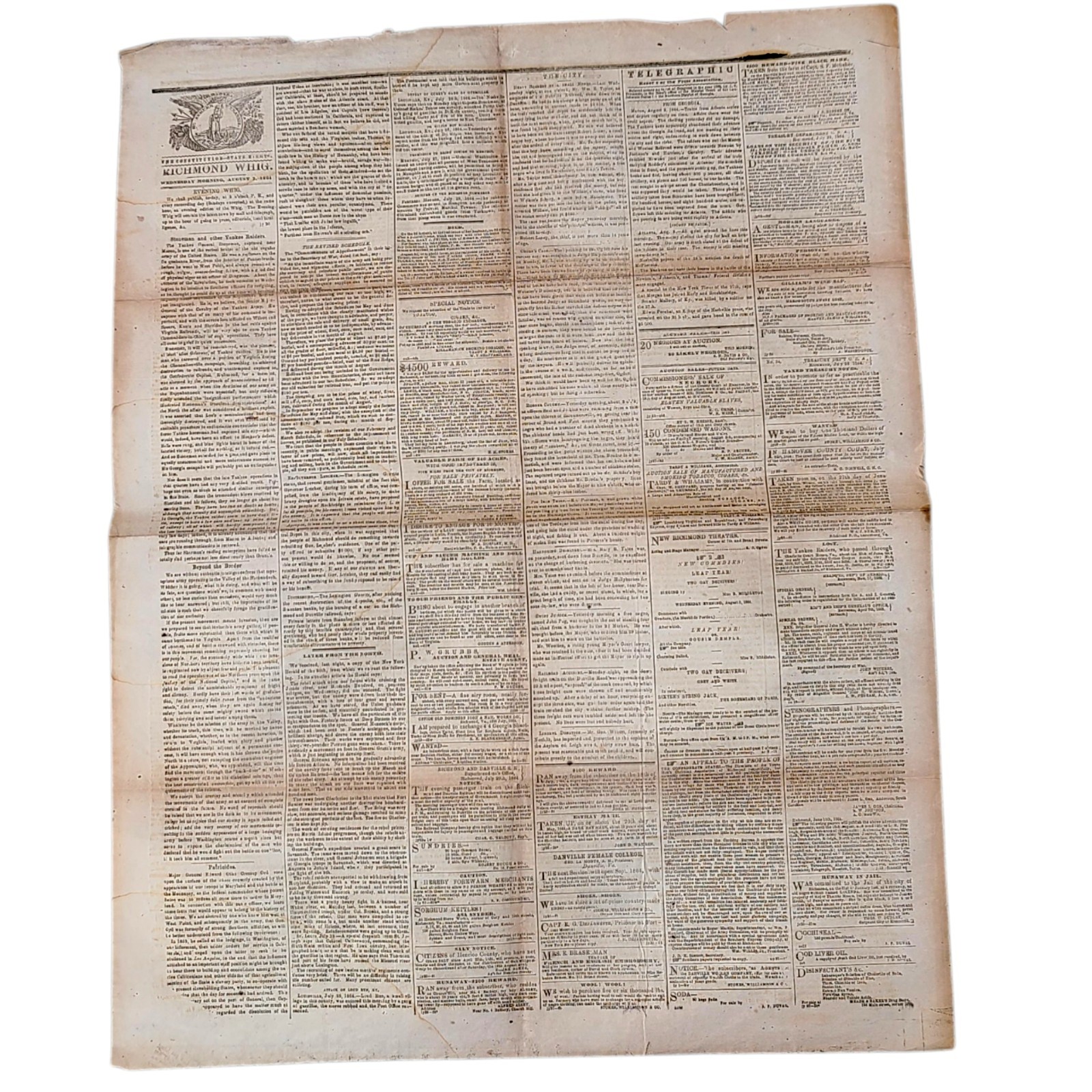Vintage CIVIL WAR 1864 Richmond Newspaper Siege Petersburg Virginia Confederate