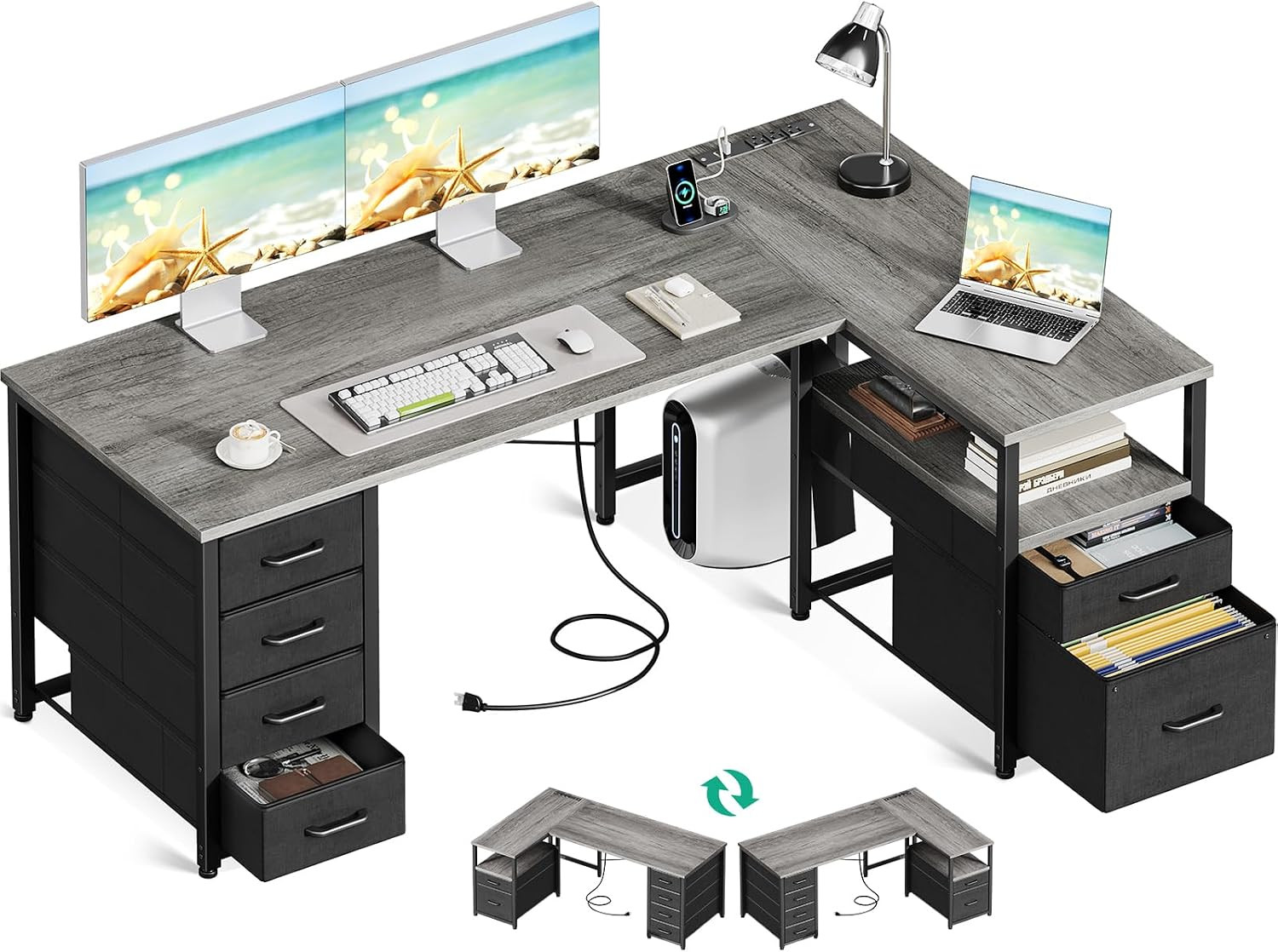 55 Inch L Shaped Office Desk with 6 Drawers, Power Outlet, Grey