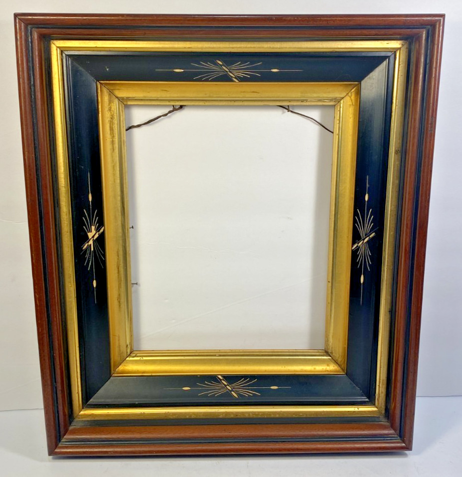Antique Victorian Eastlake Walnut Picture Frame Ebonized Black & Gold-Gilt 13x15
