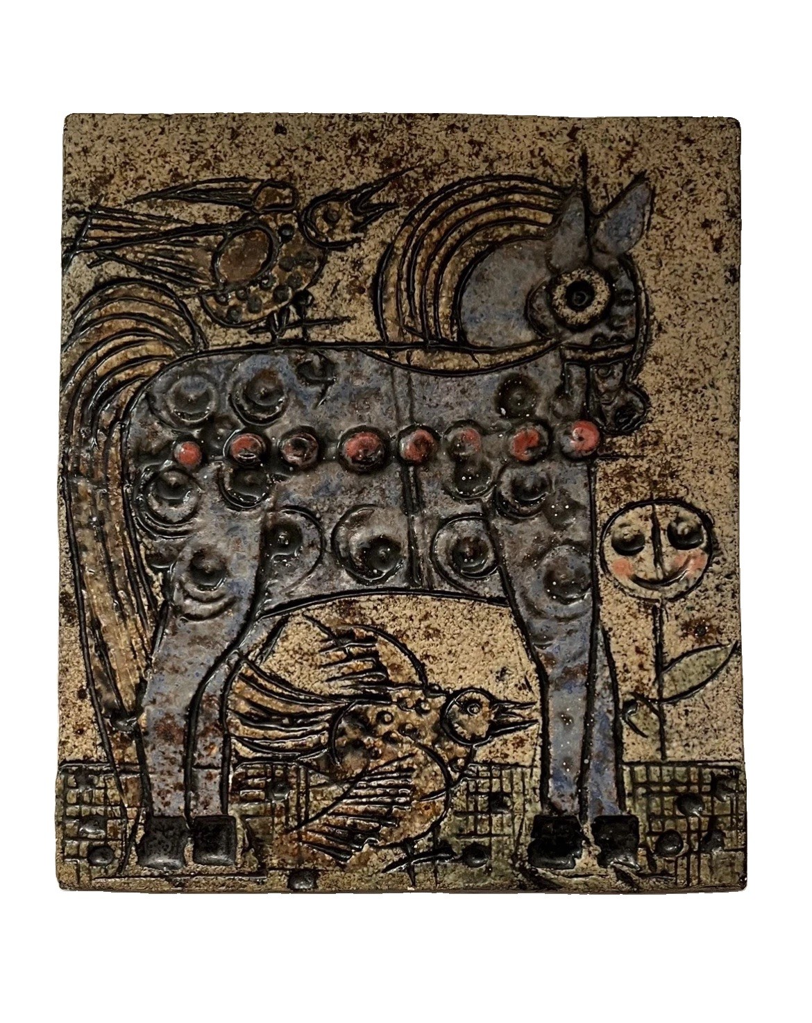 Mid Century Scandinavian Ceramic Tile Plaque Horse Birds Flower Signed R V
