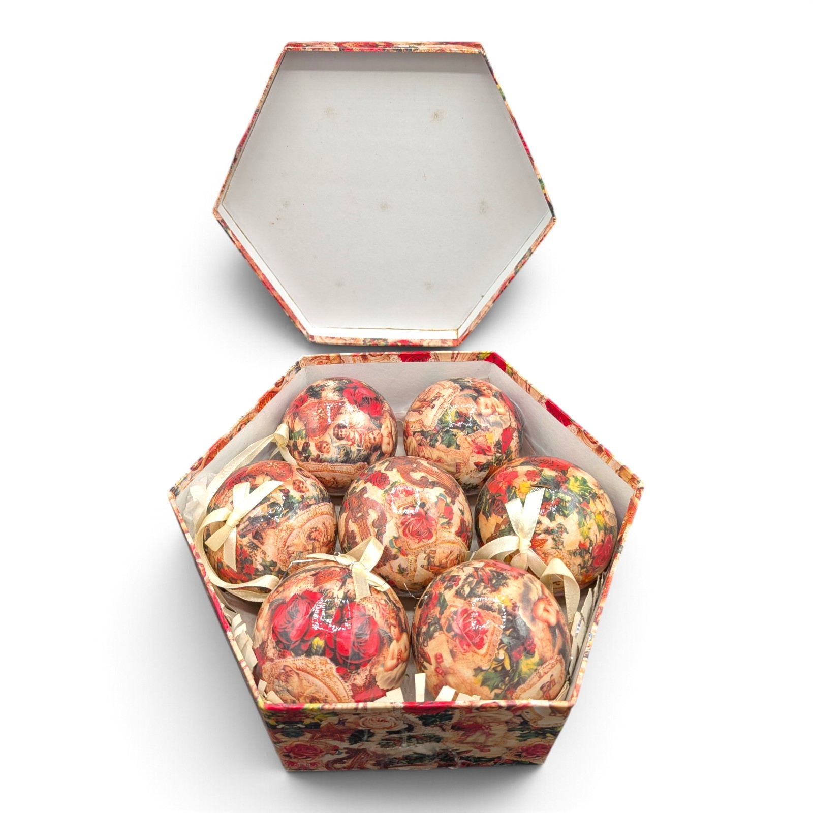 Box of (6) Vtg. Victorian Decoupage Paper Mache Christmas Tree Ornaments 2 3/4