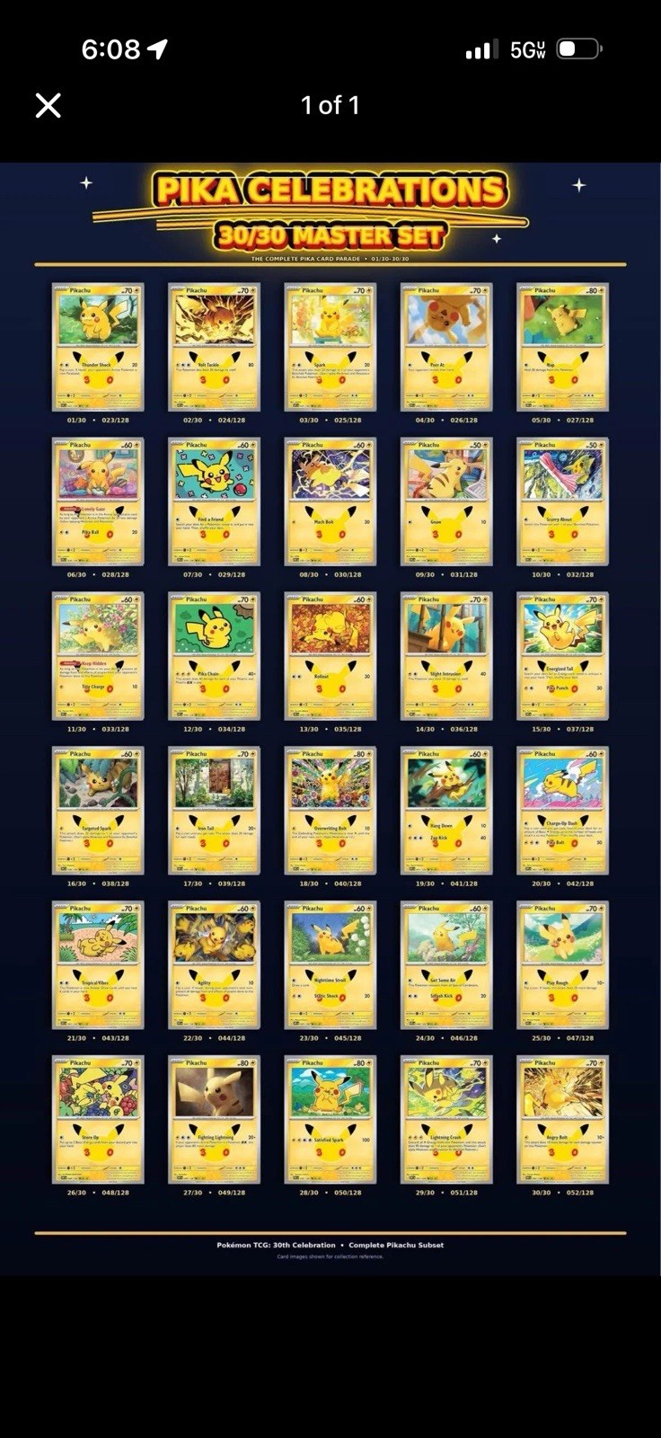 30th Anniversary Pikachu Card Complete Set 30 Cards Pokemon All Fresh Pulls