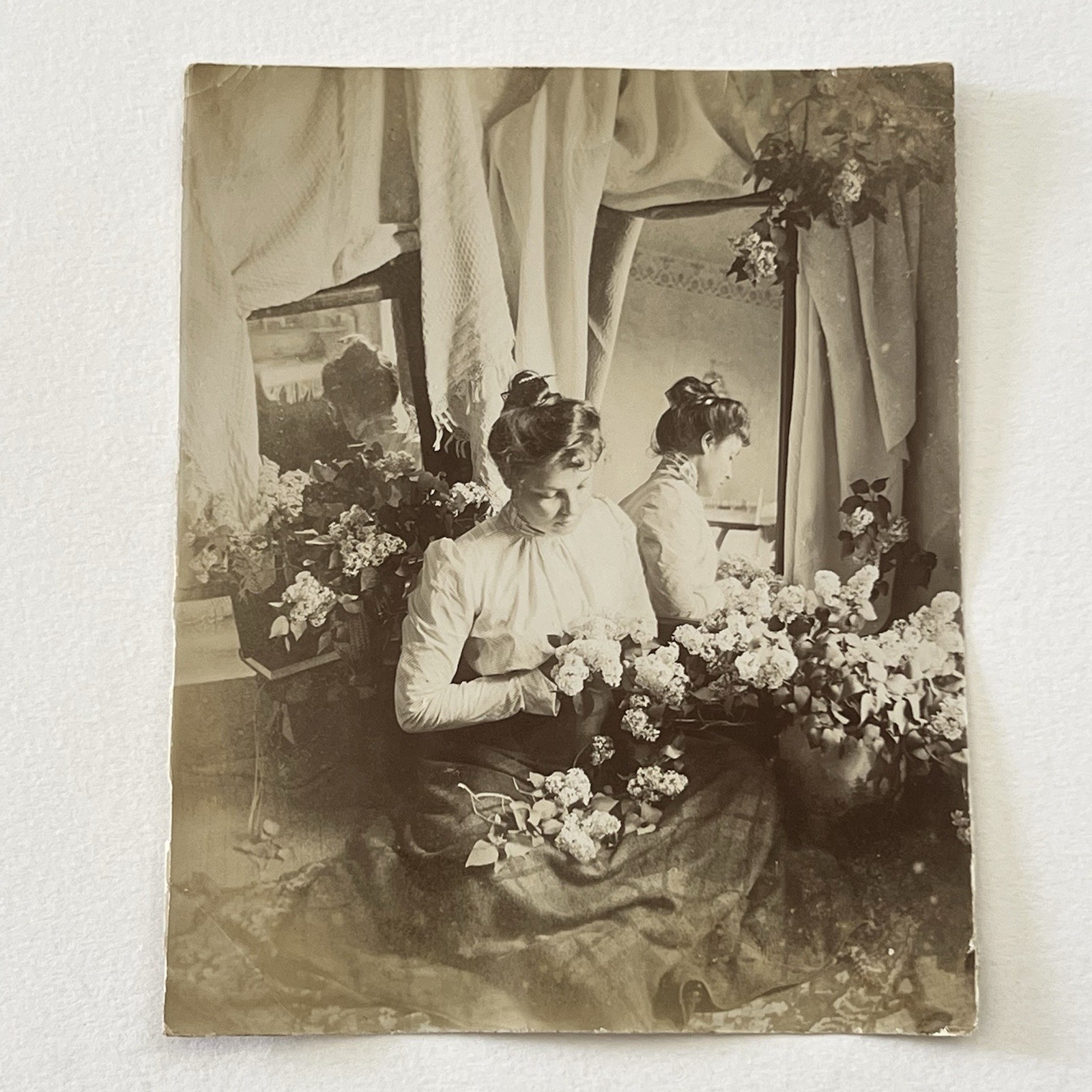 Antique B&W Snapshot Photograph Beautiful Young Woman Mirror Back Of Head Flower
