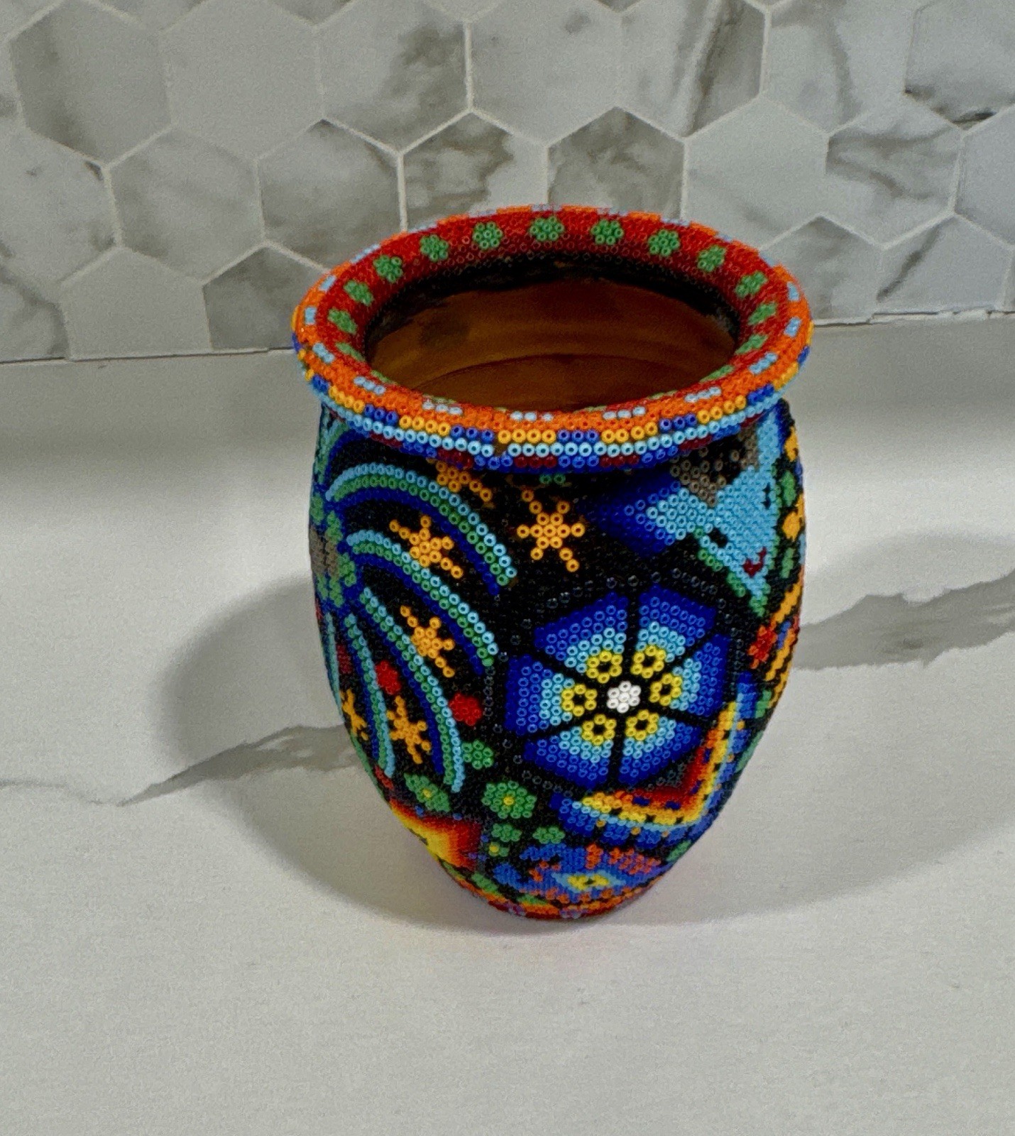 Vintage Authentic Huichol Indian Hand Beaded Vessel FolkArt Mexican Pottery Vase