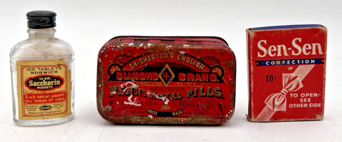 SEN-SEN CONFECTIONS, SACCHARIN MIDGETS & DIAMOND CHICHESTERS PENN ROYAL TIN