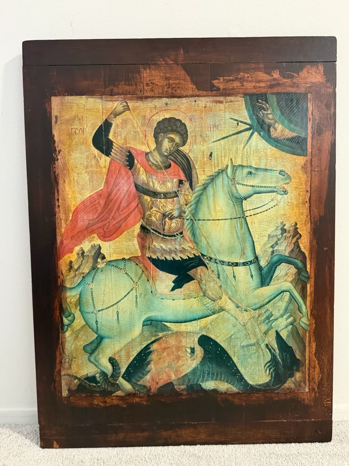 Large St. George & Dragon Byzantine Icon on Wood Panel – Venice Museum - 24x32