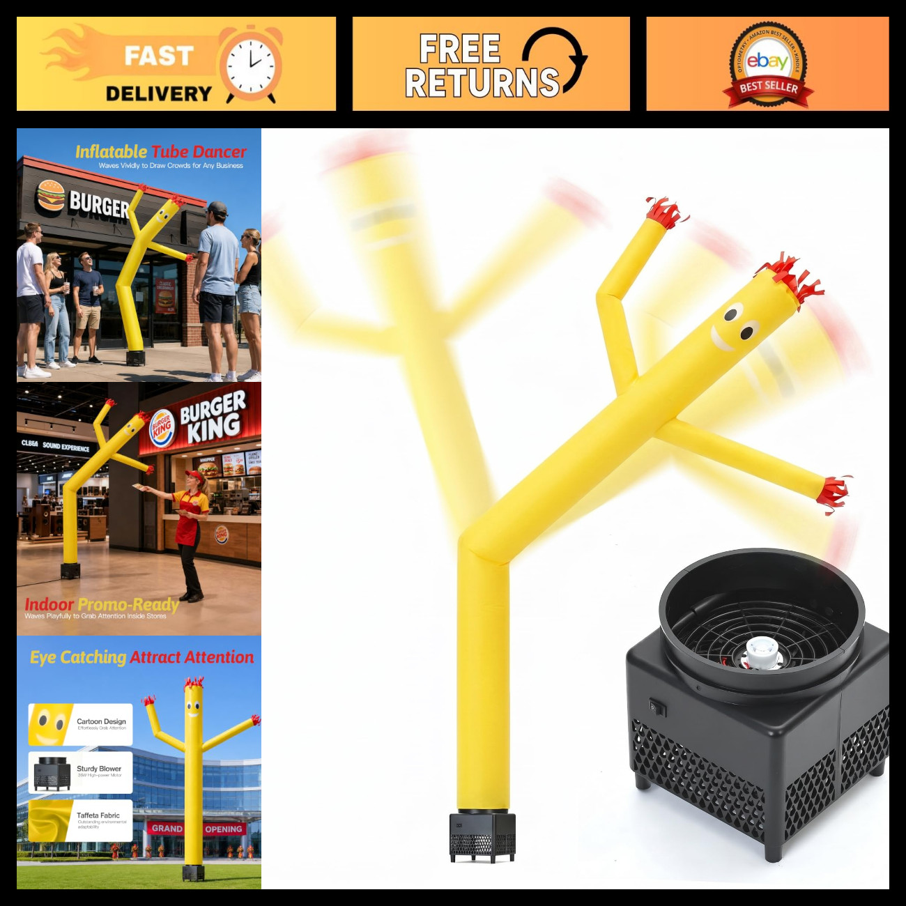 6ft Yellow Inflatable Waving Tube Man with Blower - Air Dancer for Events, Parti