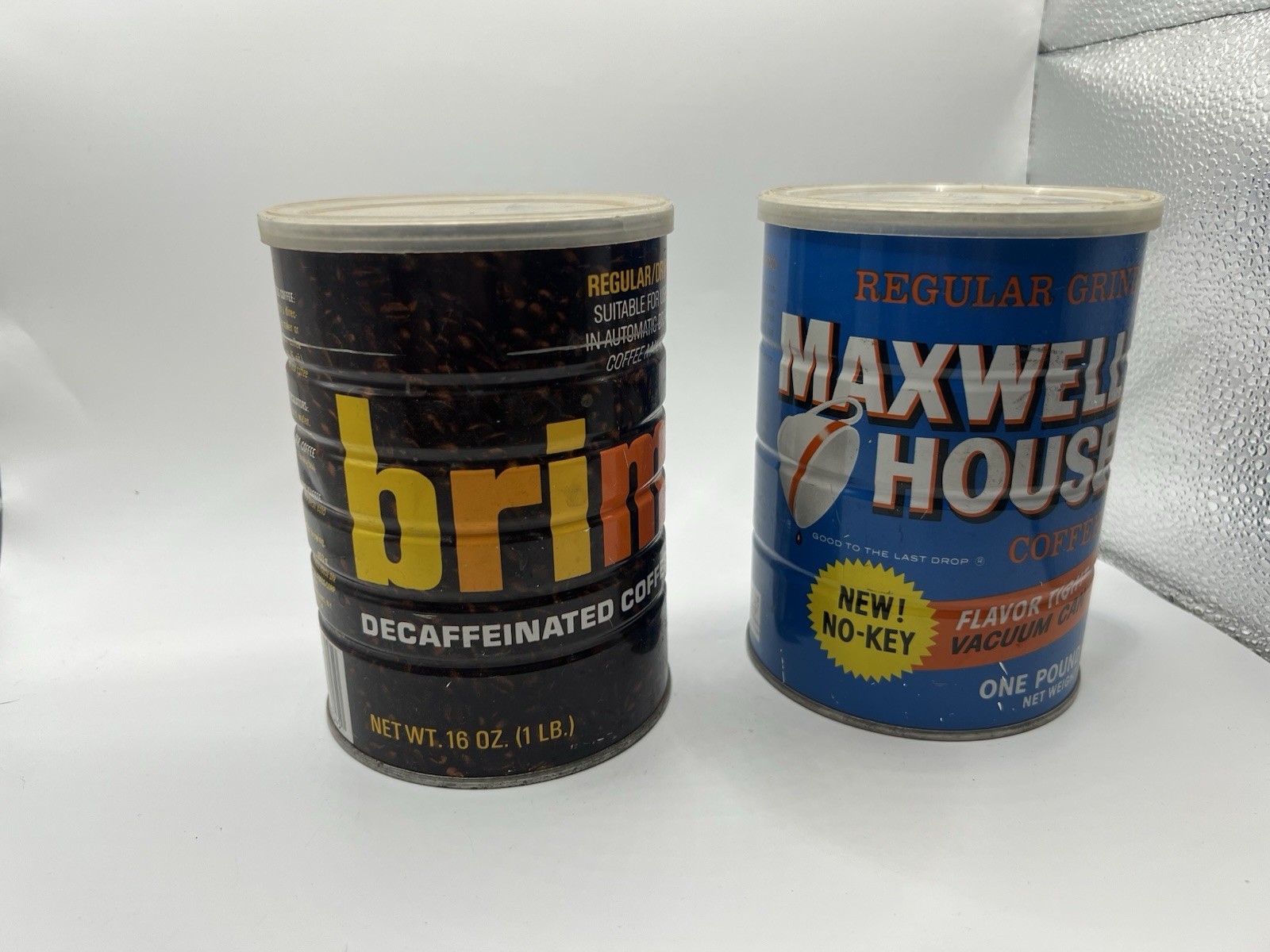Lot 2 Vintage Coffee Cans Brim & Maxwell House 1 LB Tins w Folgers Lid 