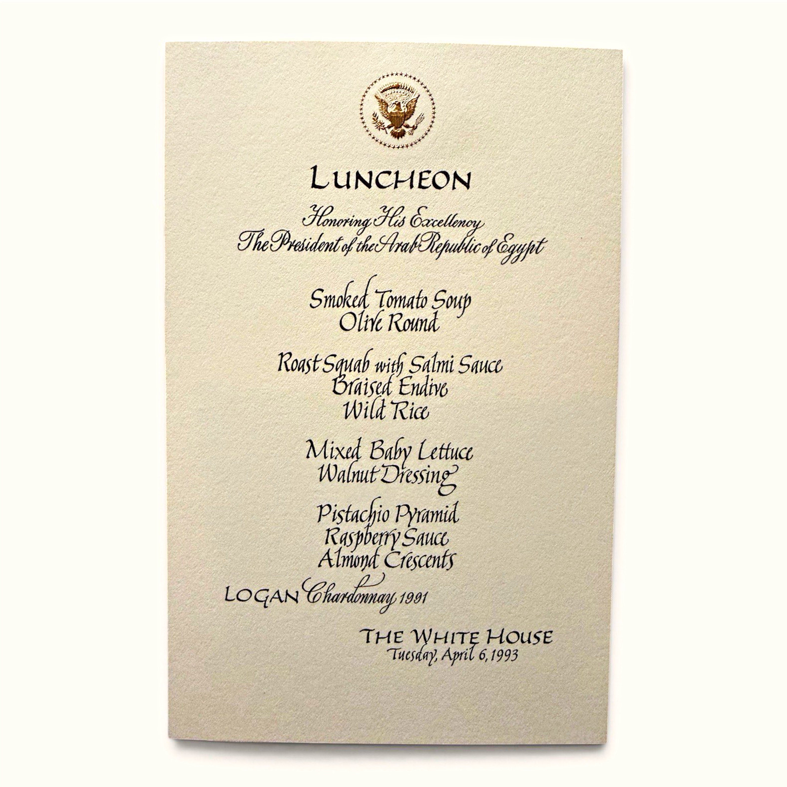 1993 Clinton White House Luncheon Menu President Hosni Mubarak – Pierre Chambrin