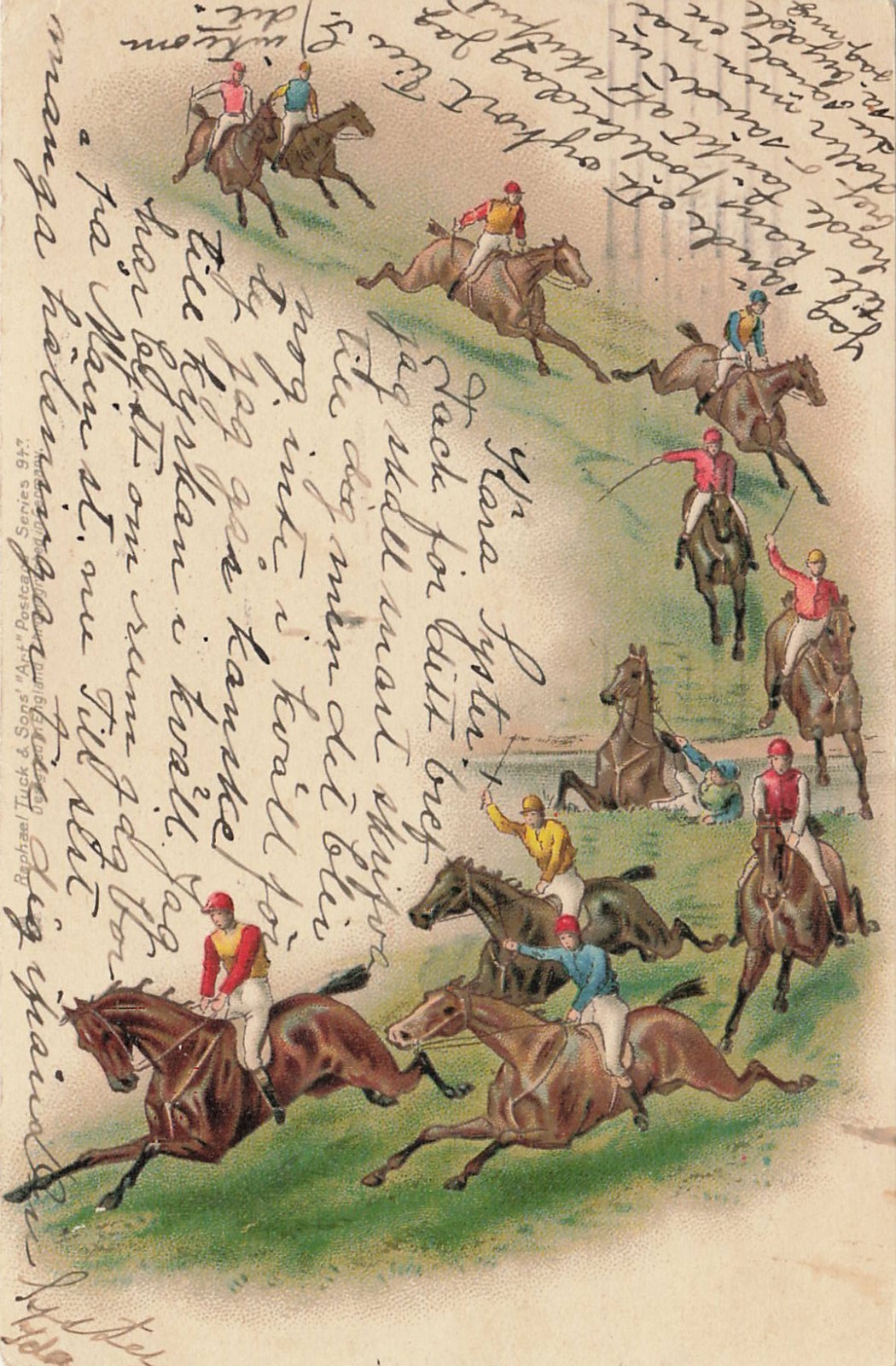 Antique HC Tuck Horse Racing Postcard Steeplechase Jockey Fall Scene