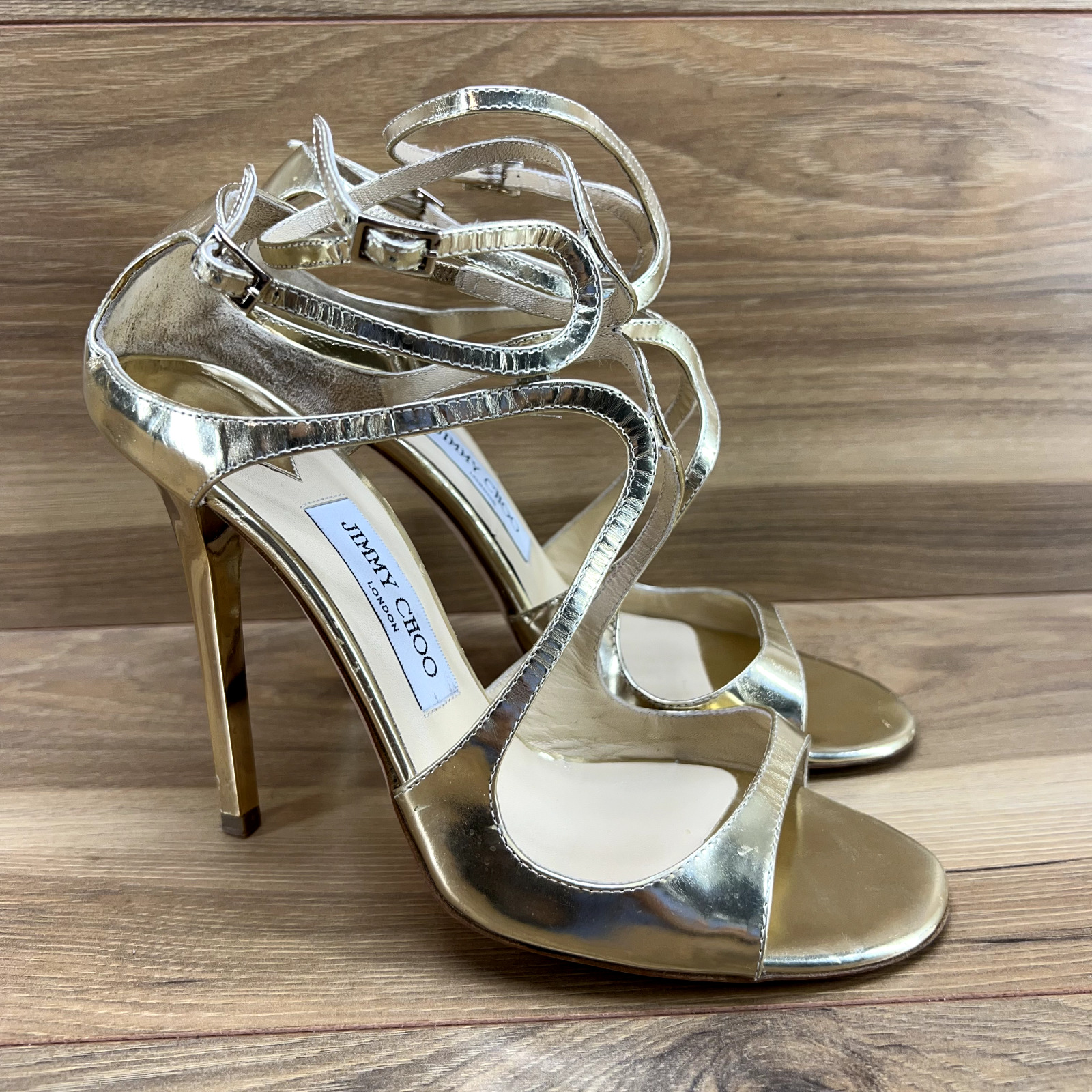 Jimmy Choo Heels 39 US 9 Lance Gold Leather Strappy Ankle Strap Formal