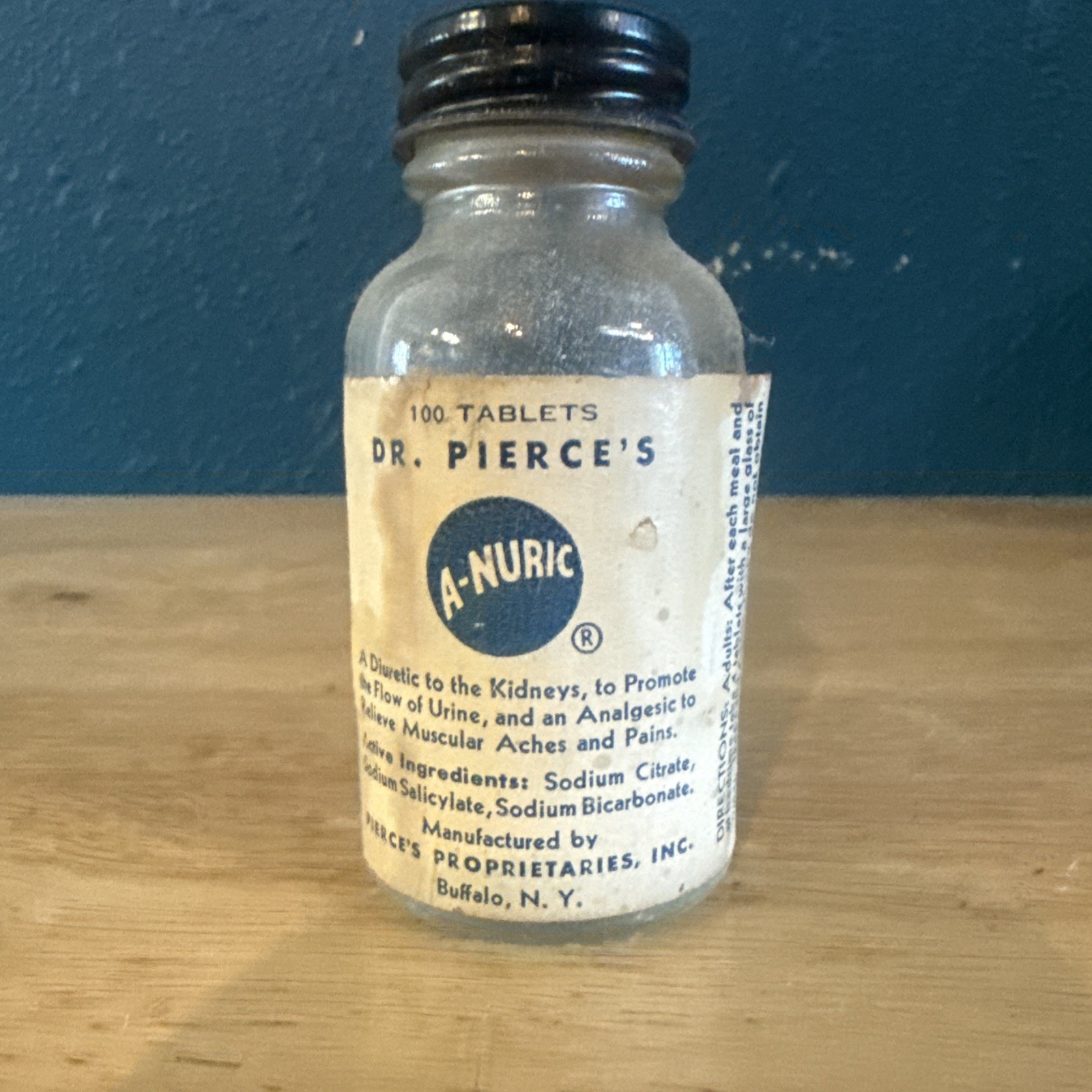 Vintage Dr. Pierce's A-Nuric Tablets Bottle with Rare Intact Paper Label