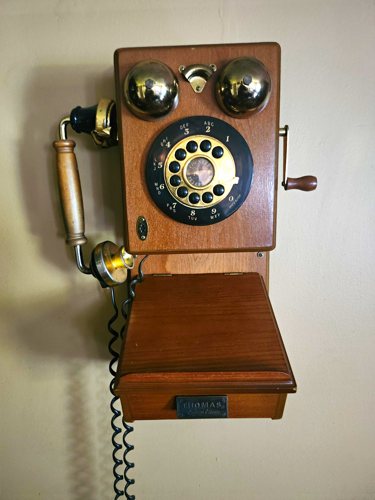 Thomas Collector\'s Edition Wall Mount Push Button Dial Telephone Wood Finish