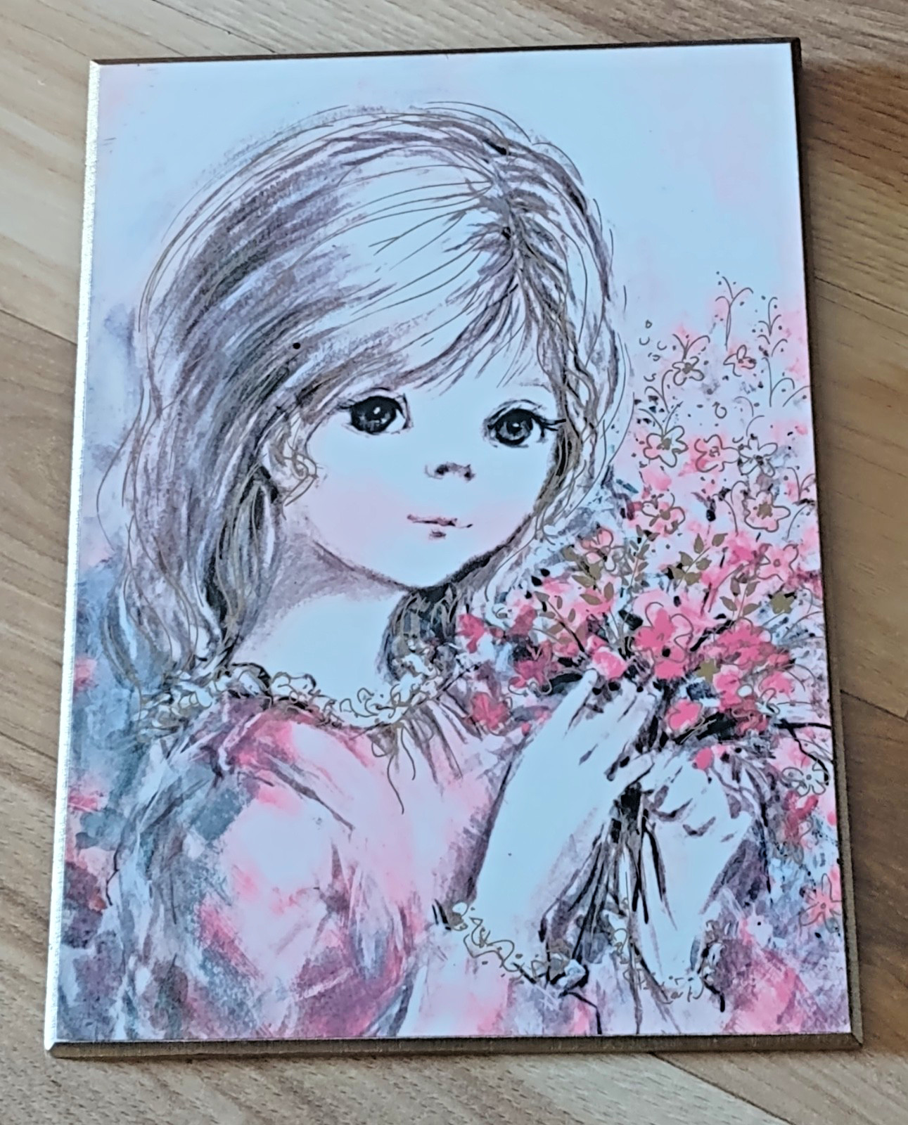 Vintage Norcross Big Eye Girl Picture Plaque Rare 1960\'s 7 by 5 Inches Mod Girl