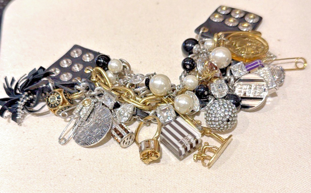 Henri Bendel NY Heavy Gold Link Loaded Charm Bracelet Black Leather Snap Band Henri Bendel NY Heavy Gold Link Loaded Charm Bracelet Black Leather Snap Band