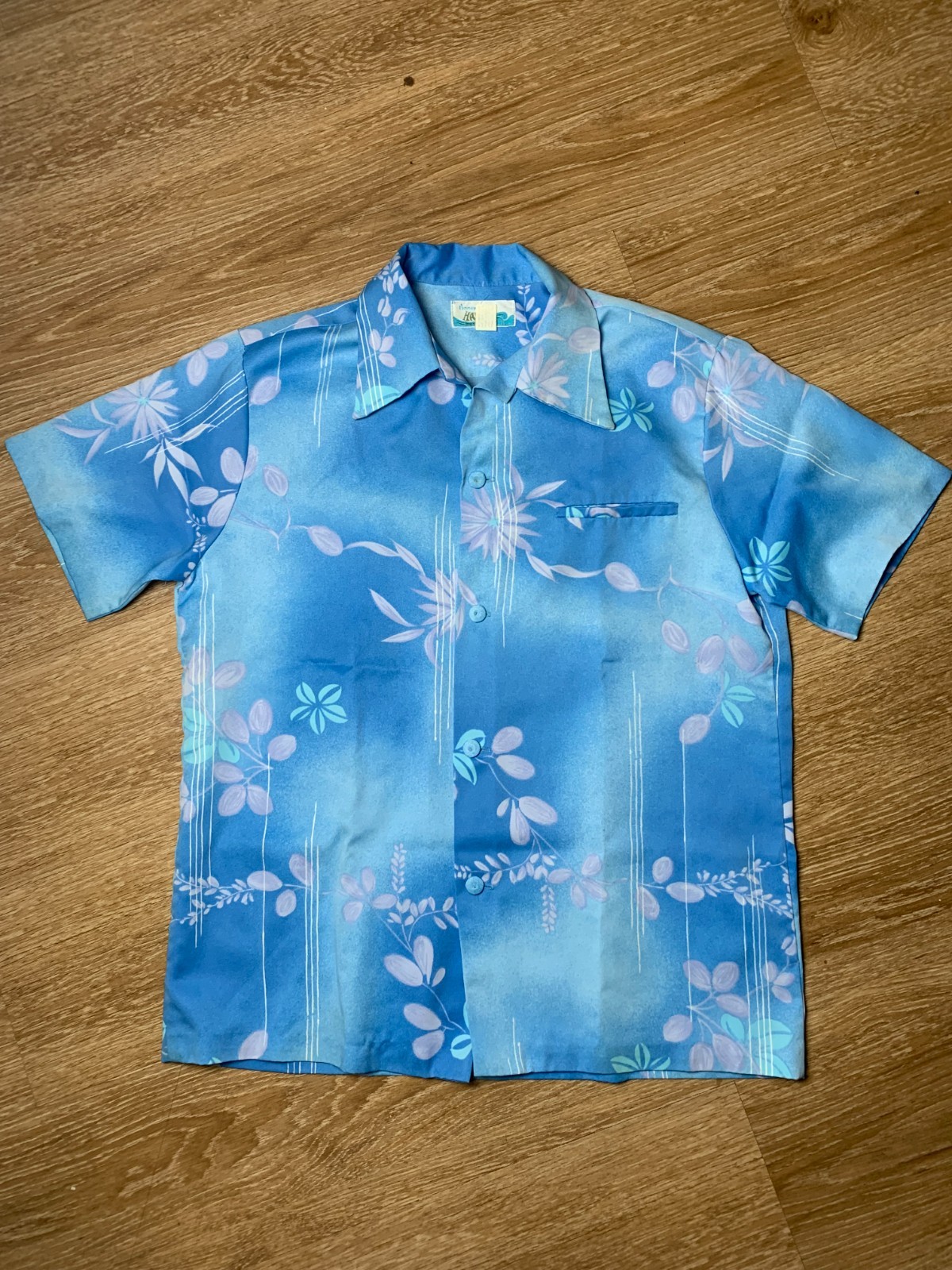 Vintage 70s Penneys Hawaii Blue Floral Hawaiian Aloha Shirt Mens M Resortwear