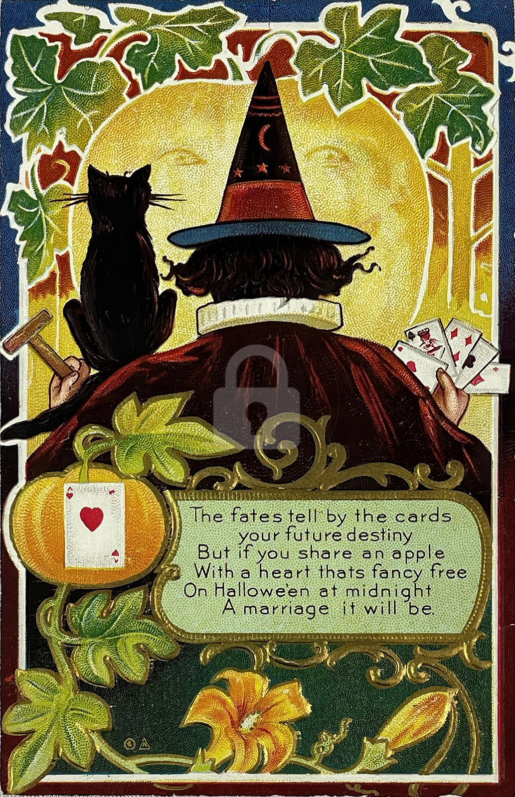 Halloween c.1910 Witch holding Playing Cards RPPC Photo Postcard COPY